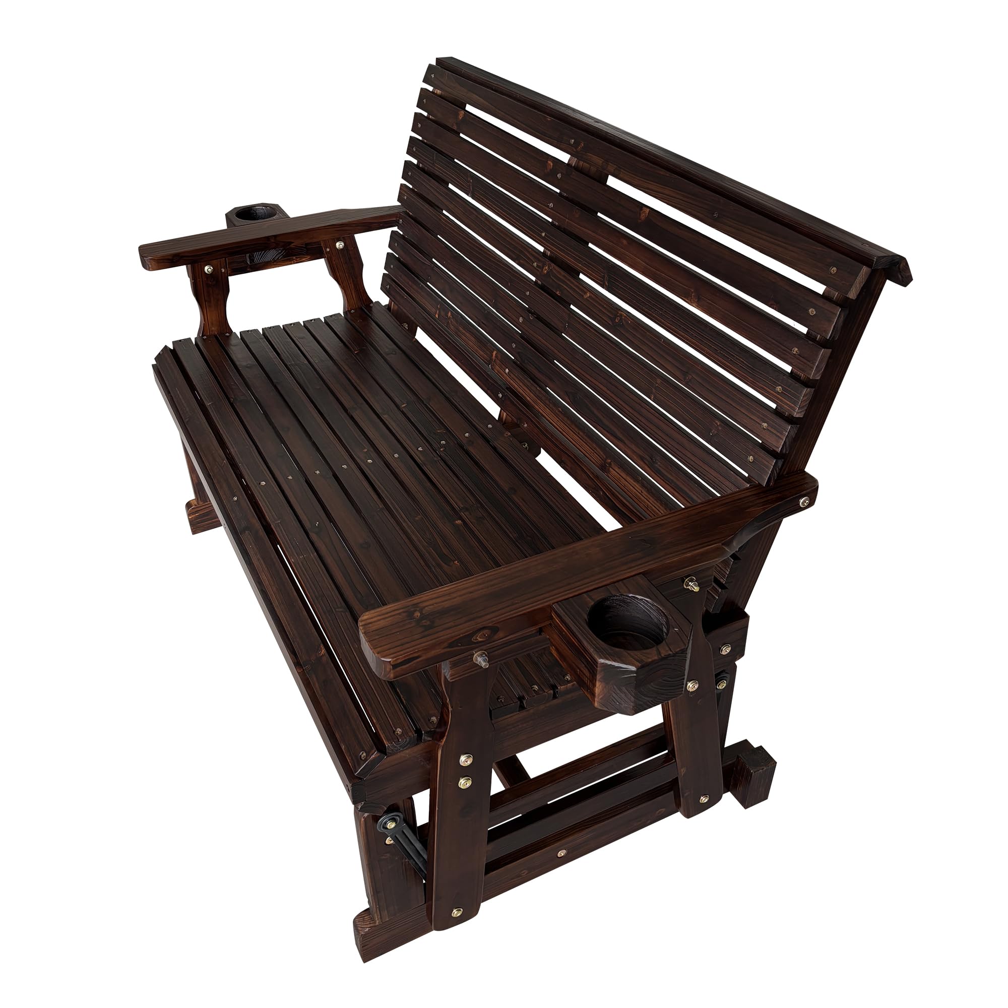 Angle. Fortune Candy - Wooden Patio Glider with Cup Holders, High Roll Back and Deep Contoured Seat, Heavy Duty 800 Lb (2-Seater) - Deep Brown.