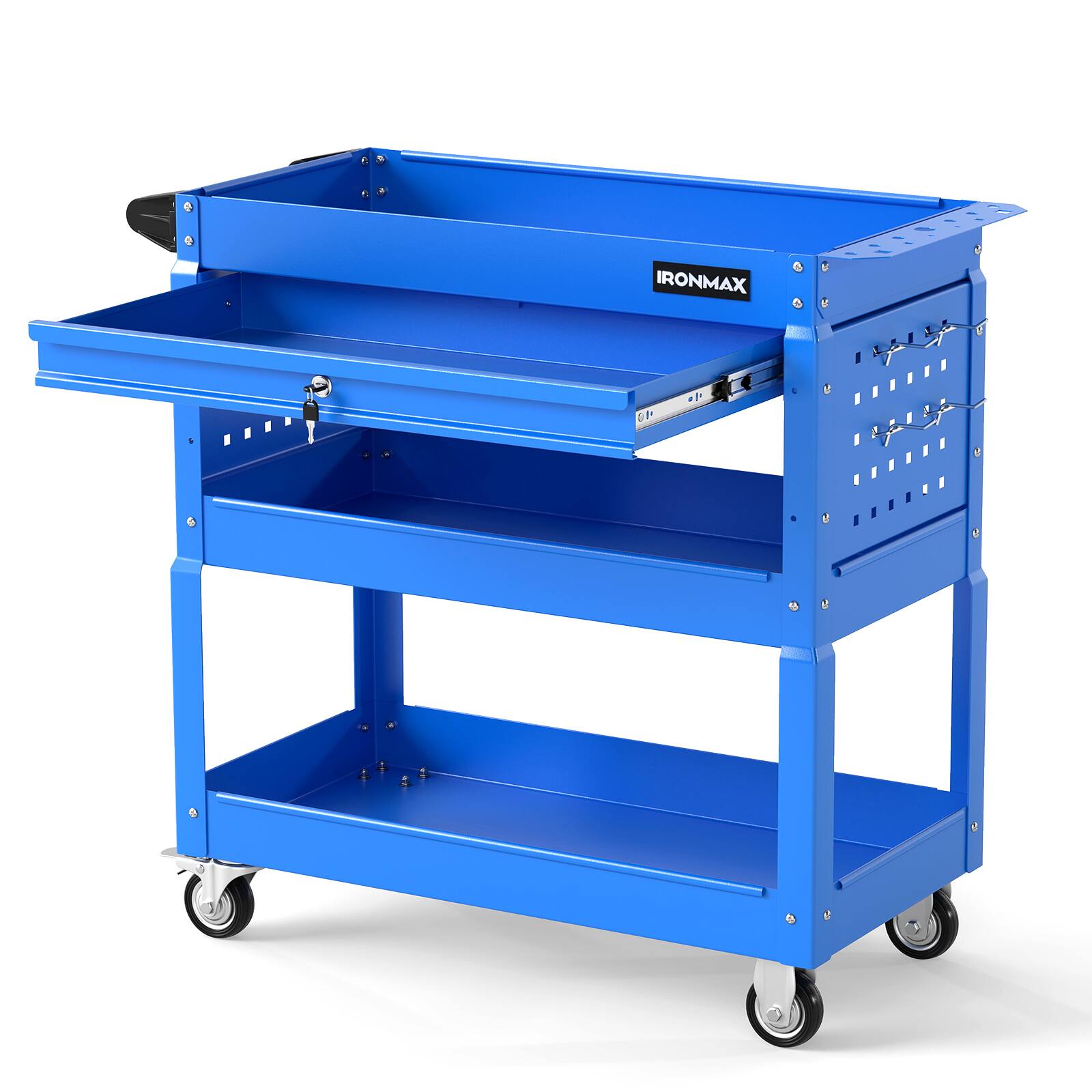 Alt View 9. Costway - Costway 3 Tier Rolling Tool Cart with Lockable Drawer, Pegboards & Hooks for Garage - Blue.