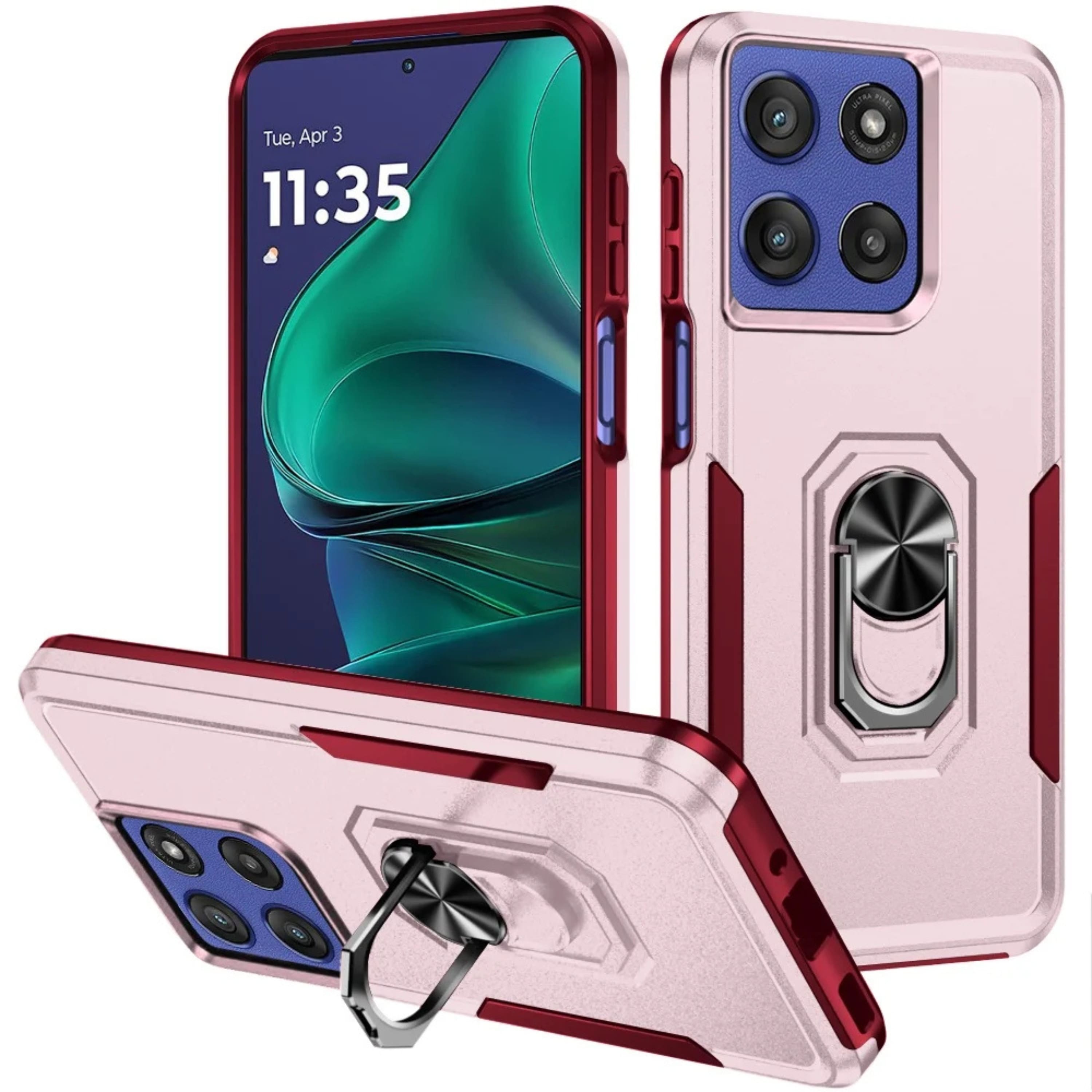 Kitcheniva - Hard Shell Soft Inner Rubber Cover Metal Ring Stand Phone Case With Tempered Glass For Moto G Stylus 2026/2025 - Pink