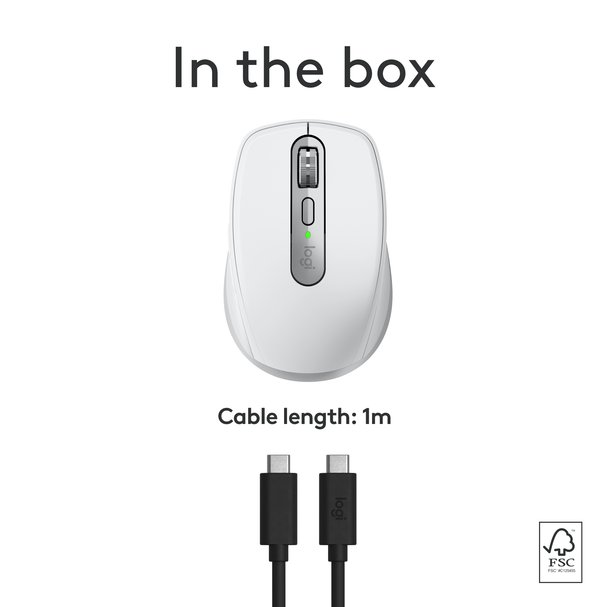 In the box, there is a Logitech wireless mouse with a cable length of 1 meter.