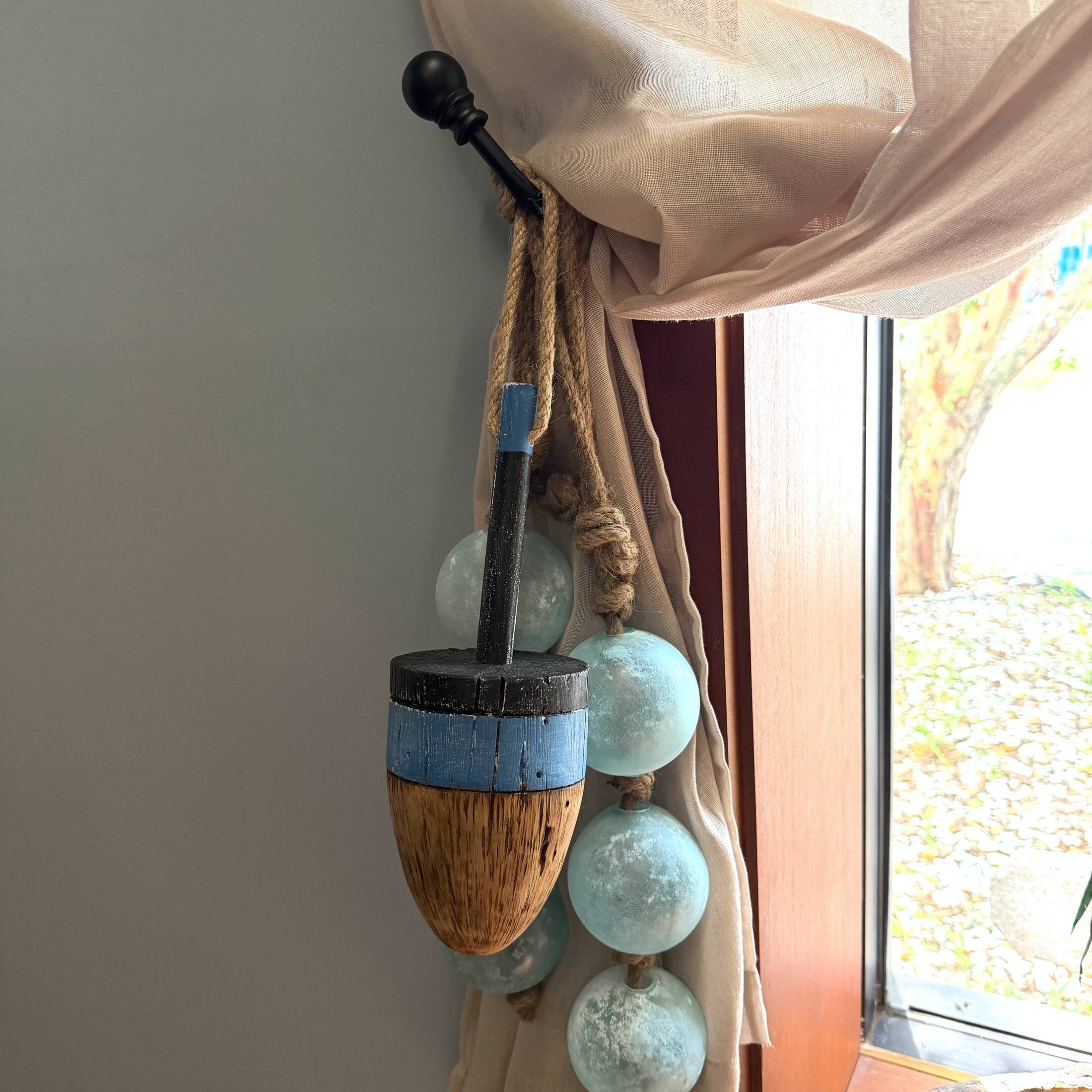 Alt View 3. Things2Die4 - Decorative Wood Buoy Blue Stripe Rope Hanger 15 Inch Nautical Wall Accent - Blue.