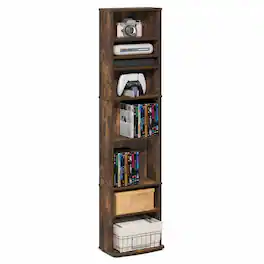 Furinno - JAYA DVD Shelf, Tall Narrow CD Rack, Media Shelf with Adjustable Shelves, DVD Storage Cabinets, Easy Assembly - Amber Pine