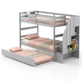 Gymax - Twin over Twin Wooden Bunk Bed w/ Trundle Storage Stairs Convertible - Gray