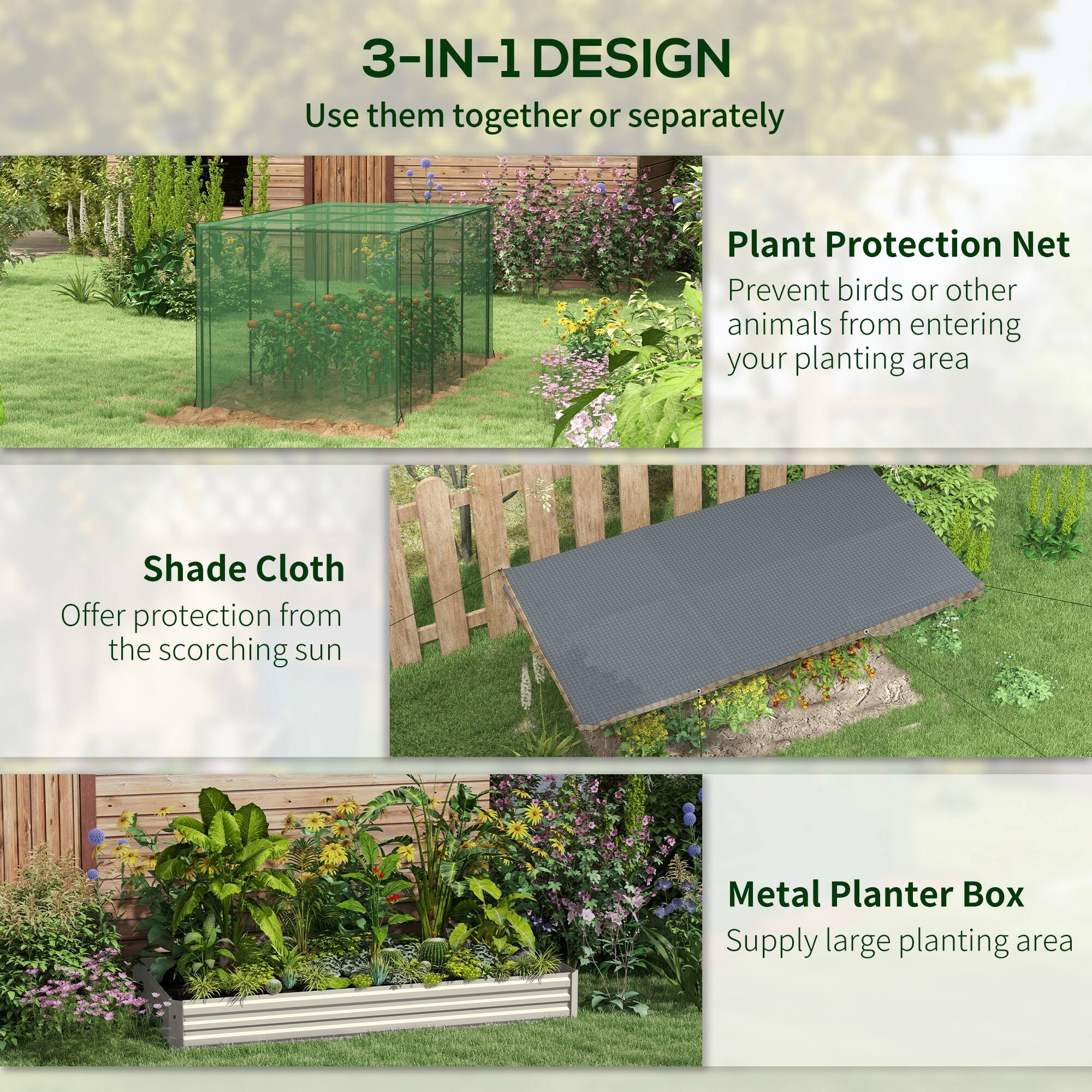 3-IN-1 DESIGN

Plant Protection Net
Shade Cloth
Metal Planter Box