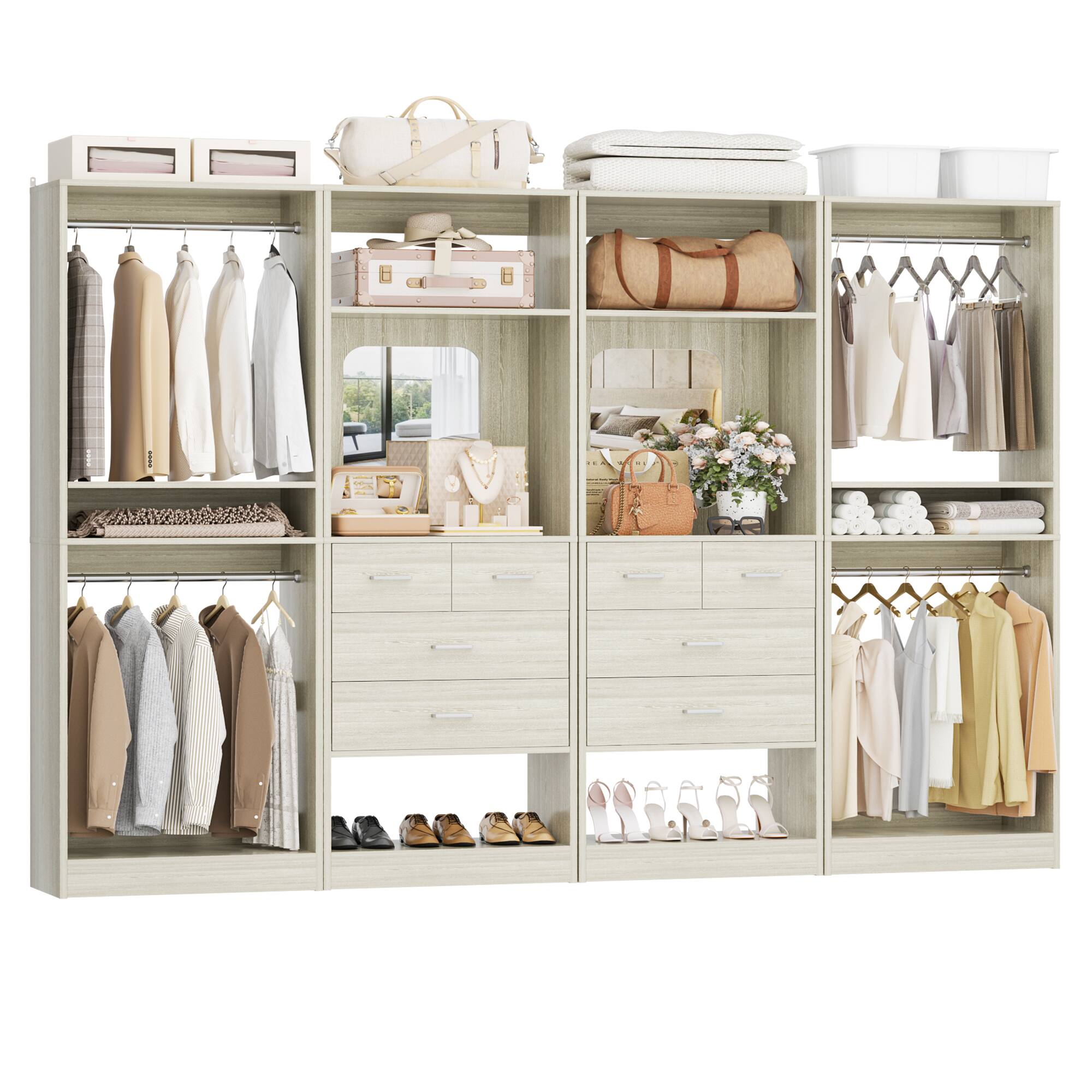 Angle. Aheaplus - 100'' Walk-In Closet Organizer System with 8 Drawers and 4 Hanging Rods for Storage and Organization - Beige Oak.