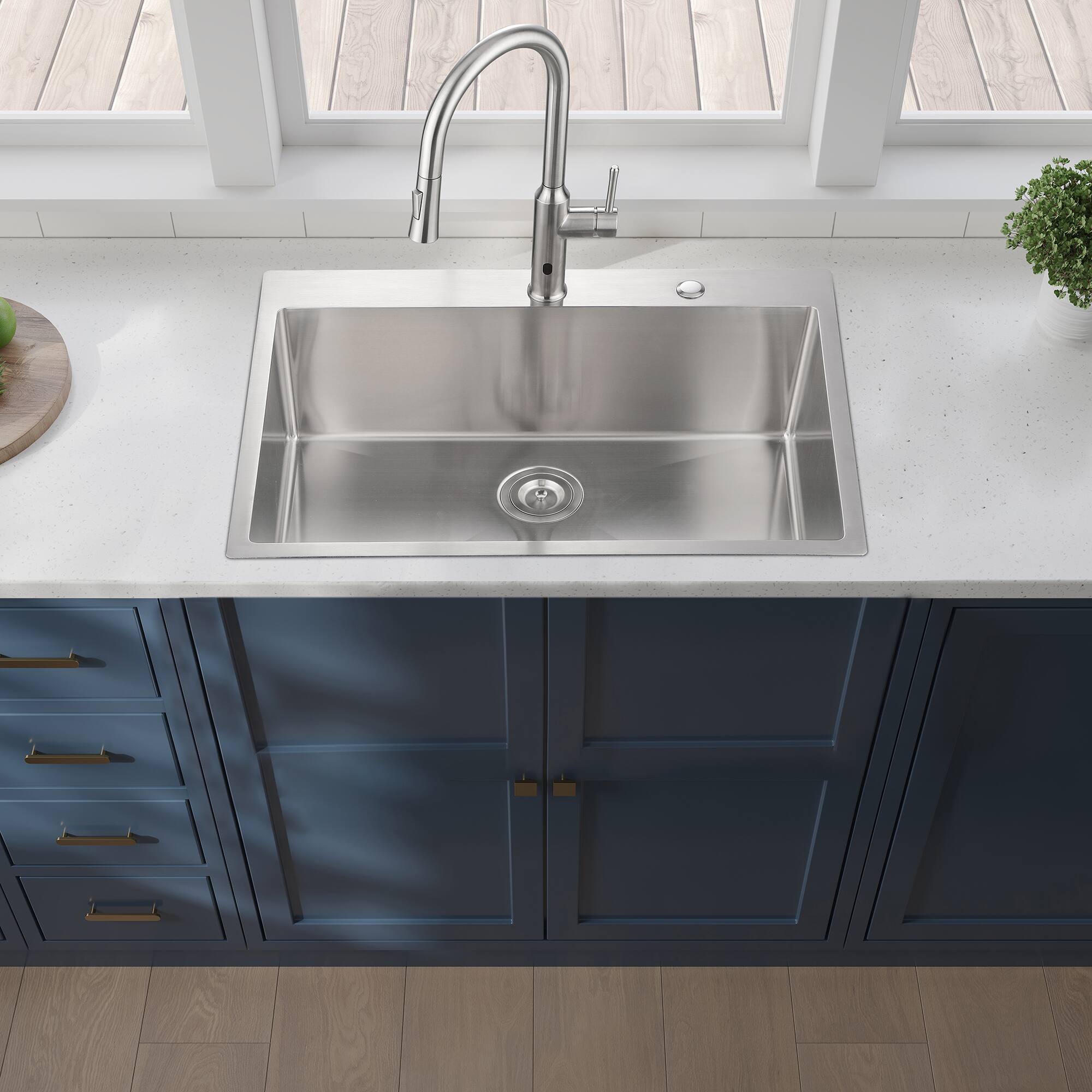 Angle. Siljoy - 33x22x10"Drop-in Single Bowl Stainless Steel Kitchen Sink - Brushed Nickel.