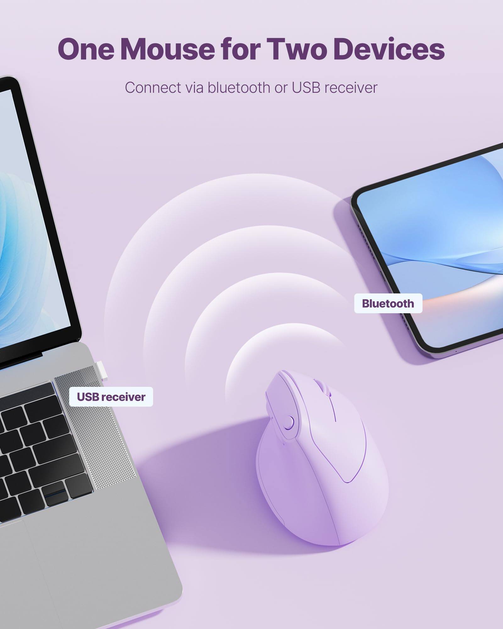 One Mouse for Two Devices  
Connect via bluetooth or USB receiver