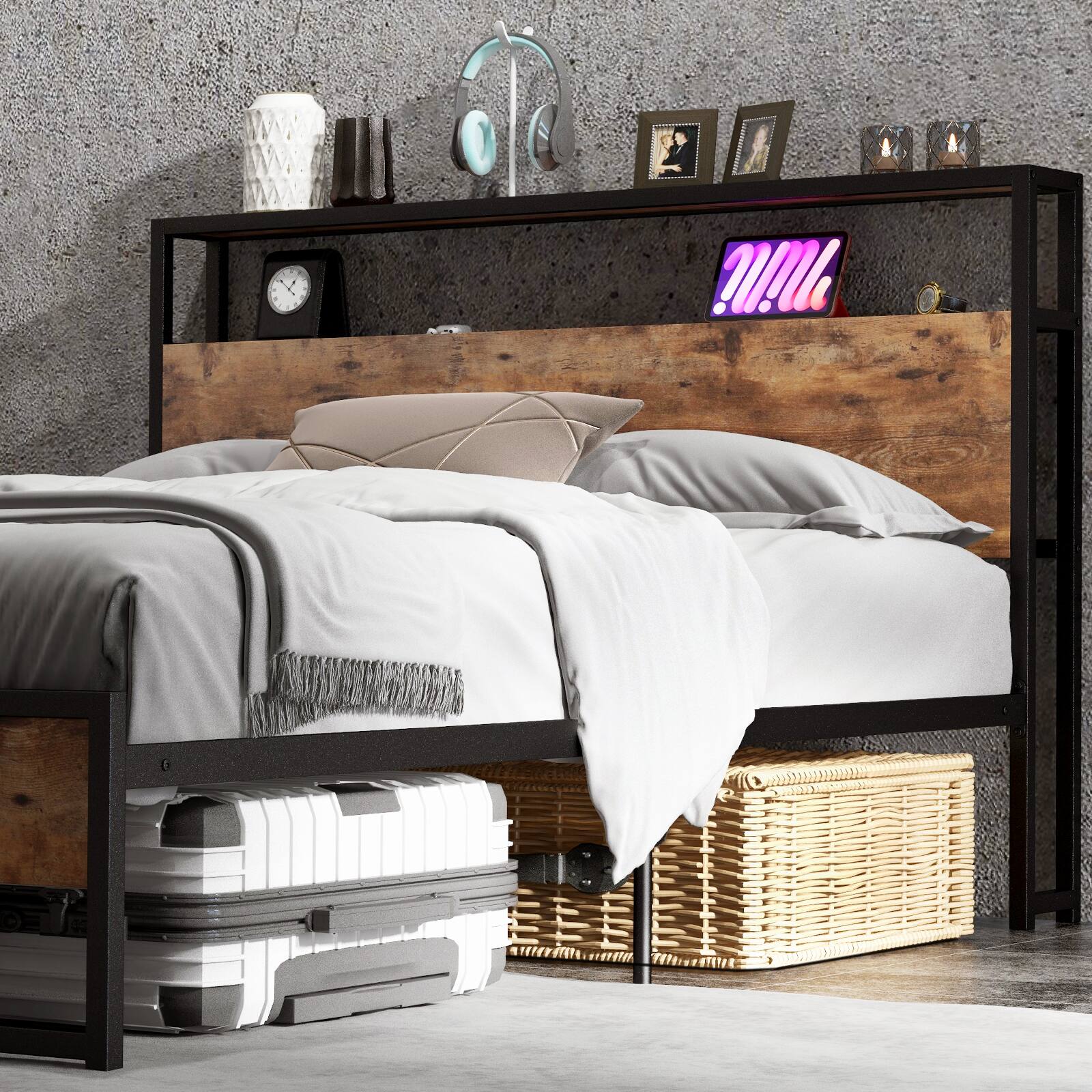 Alt View 4. Ecooso - Full Bed Frame with 2-Tier Storage Headboard and Charging Station - Brown.