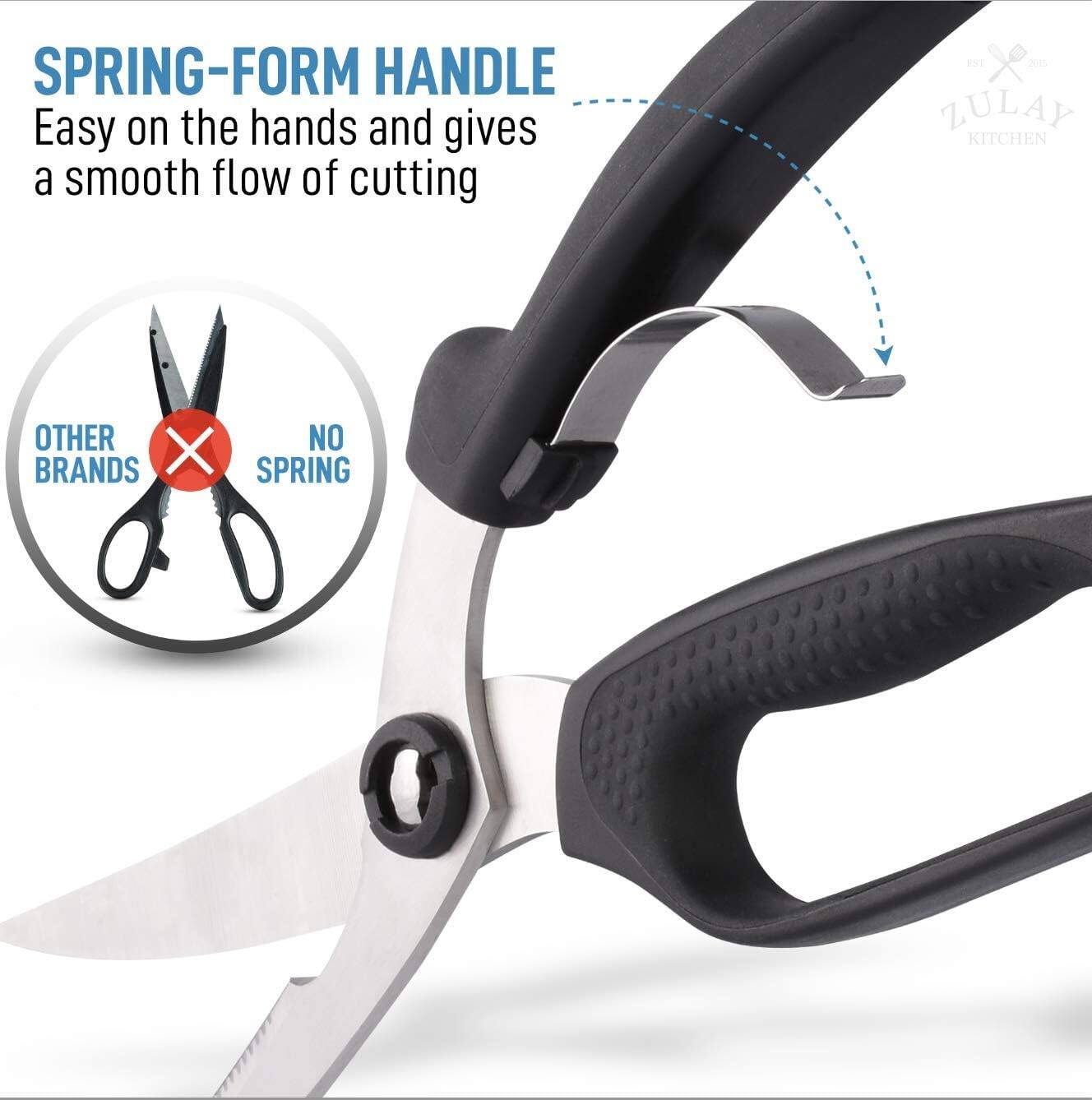 SPRING-FORM HANDLE  
Easy on the hands and gives a smooth flow of cutting  

OTHER BRANDS  
NO SPRING  

ZULAY KITCHEN