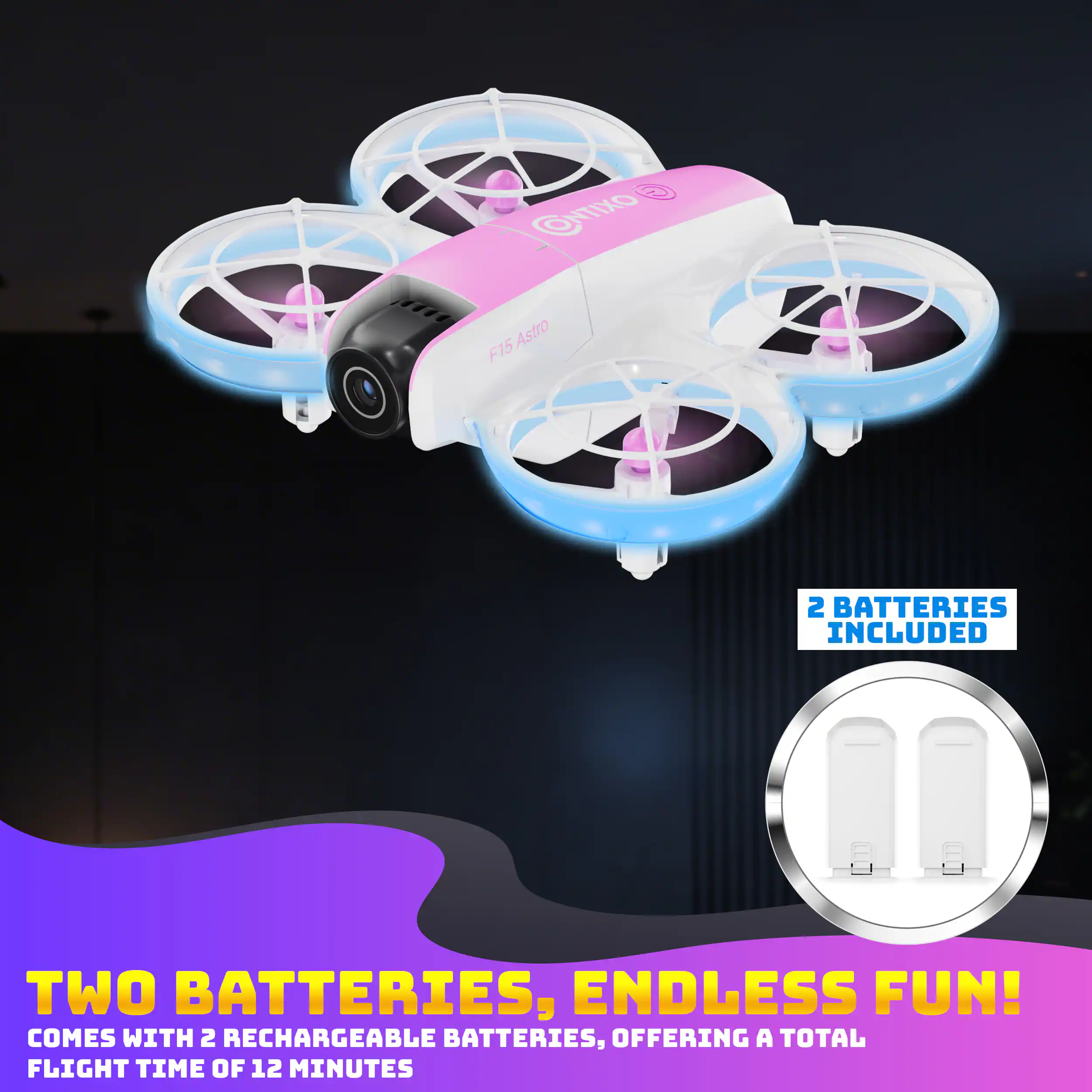 CHTIXO Astro F15 2 BATTERIES INCLUDED TWO BATTERIES, ENDLESS FUN! COMES WITH 2 RECHARGEABLE BATTERIES, OFFERING A TOTAL FLIGHT TIME OF 12 MINUTES