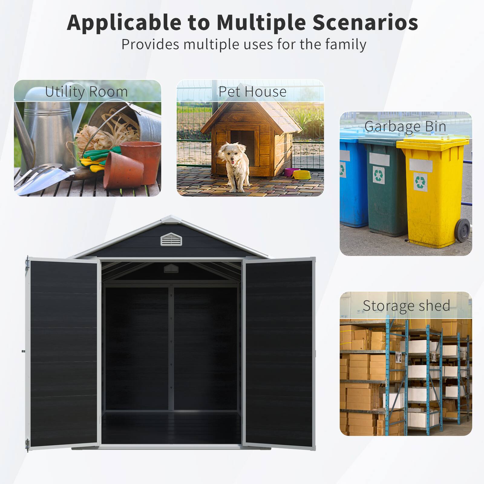 Applicable to Multiple Scenarios  
Provides multiple uses for the family  

- Utility Room  
- Pet House  
- Garbage Bin  
- Storage shed
