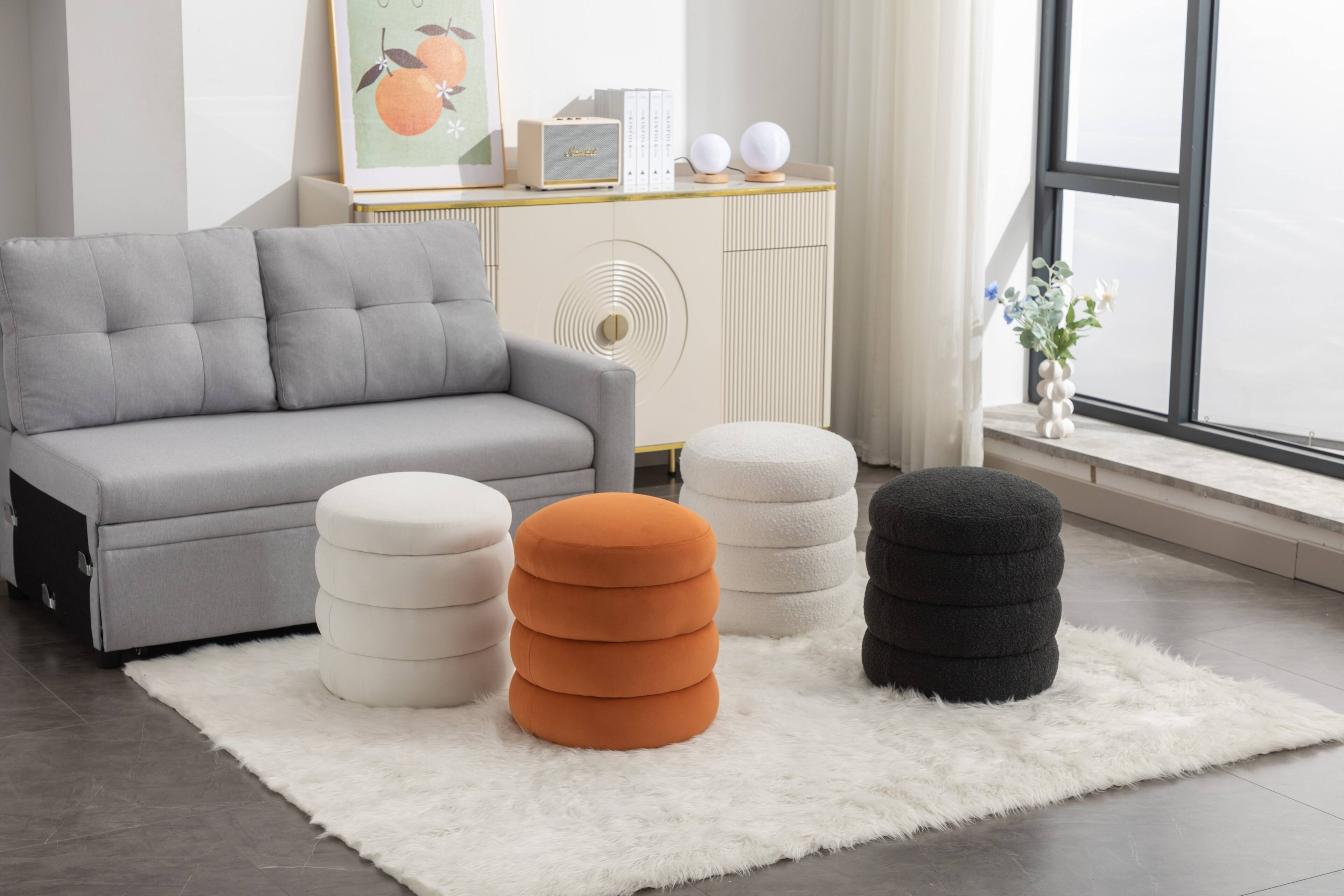 Alt View 1. GOODSILO - Soft Velvet Round Ottoman Footrest Stool with Wooden Frame for Living Room and Bedroom Comfortable Seating - Ivory.