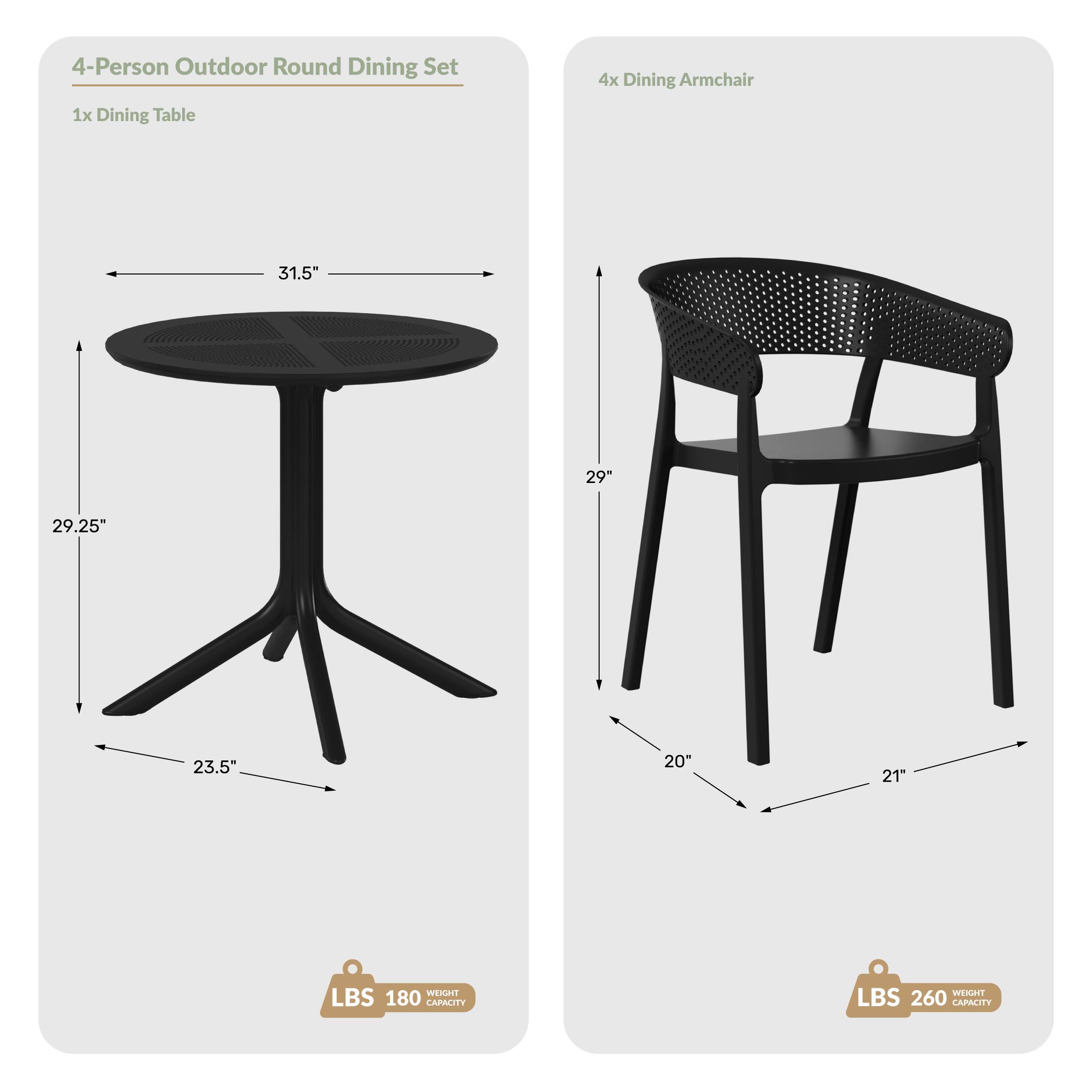 4-Person Outdoor Round Dining Set
4x Dining Armchair
1x Dining Table
31.5"
29.25"
23.5"
29"
20"
21"
WEIGHT LBS 180 CAPACITY
WEIGHT LBS 260 CAPACITY