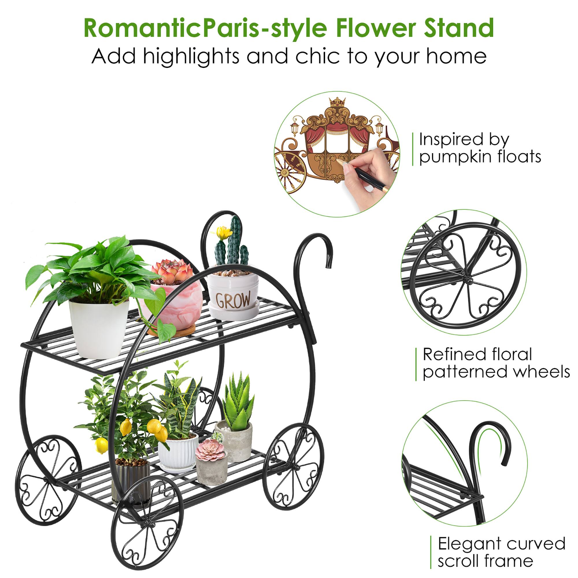 Romantic Paris-style Flower Stand Add highlights and chic to your home Inspired by pumpkin floats GROW Refined floral patterned wheels Elegant curved scroll frame