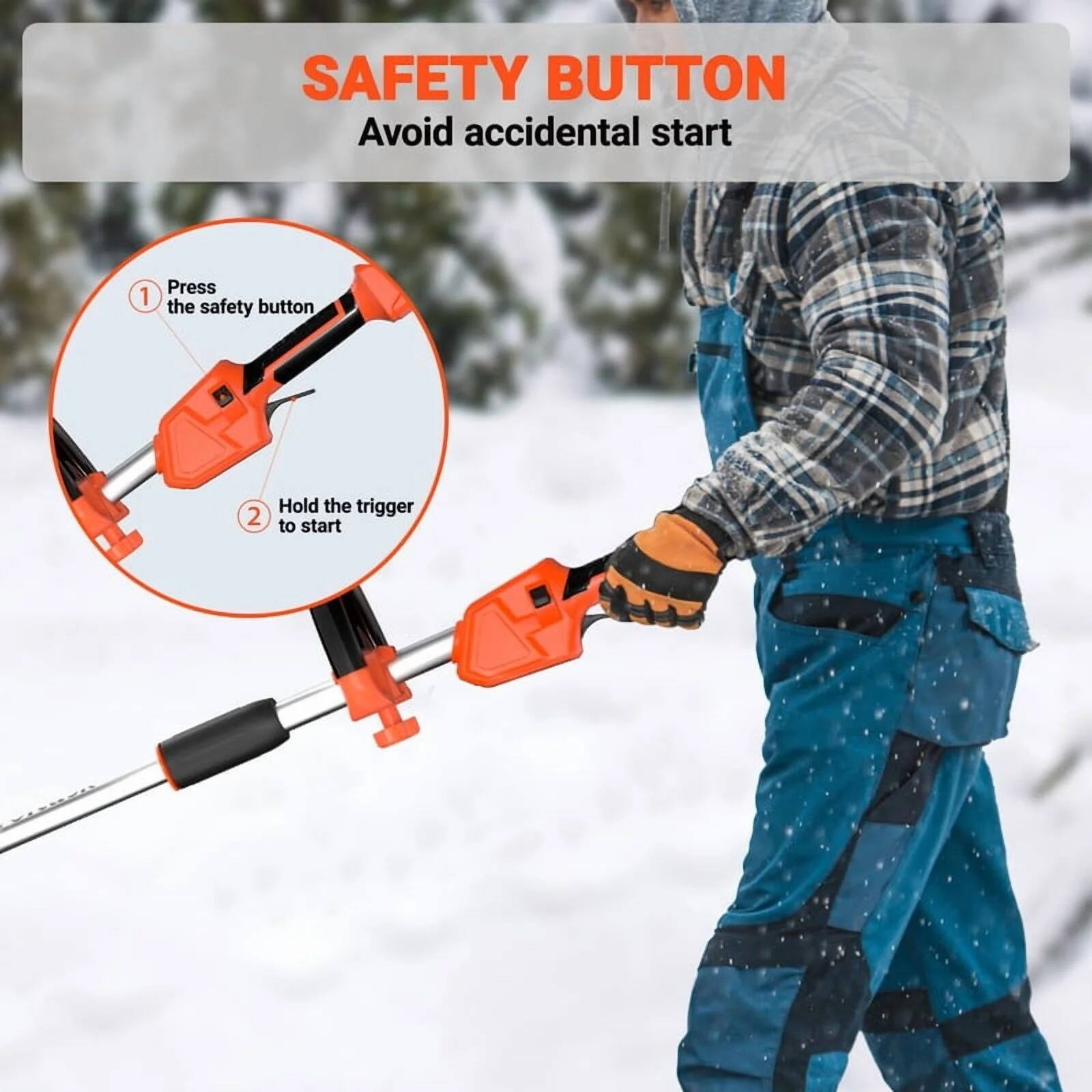 SAFETY BUTTON  
Avoid accidental start  

1. Press the safety button  
2. Hold the trigger to start