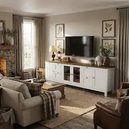 Famapy - 90.6" Farmhouse TV Stand for 85 Inch TV, Glass Doors, Adjustable Shelves, 10-Compartment Storage - White & Wooden
