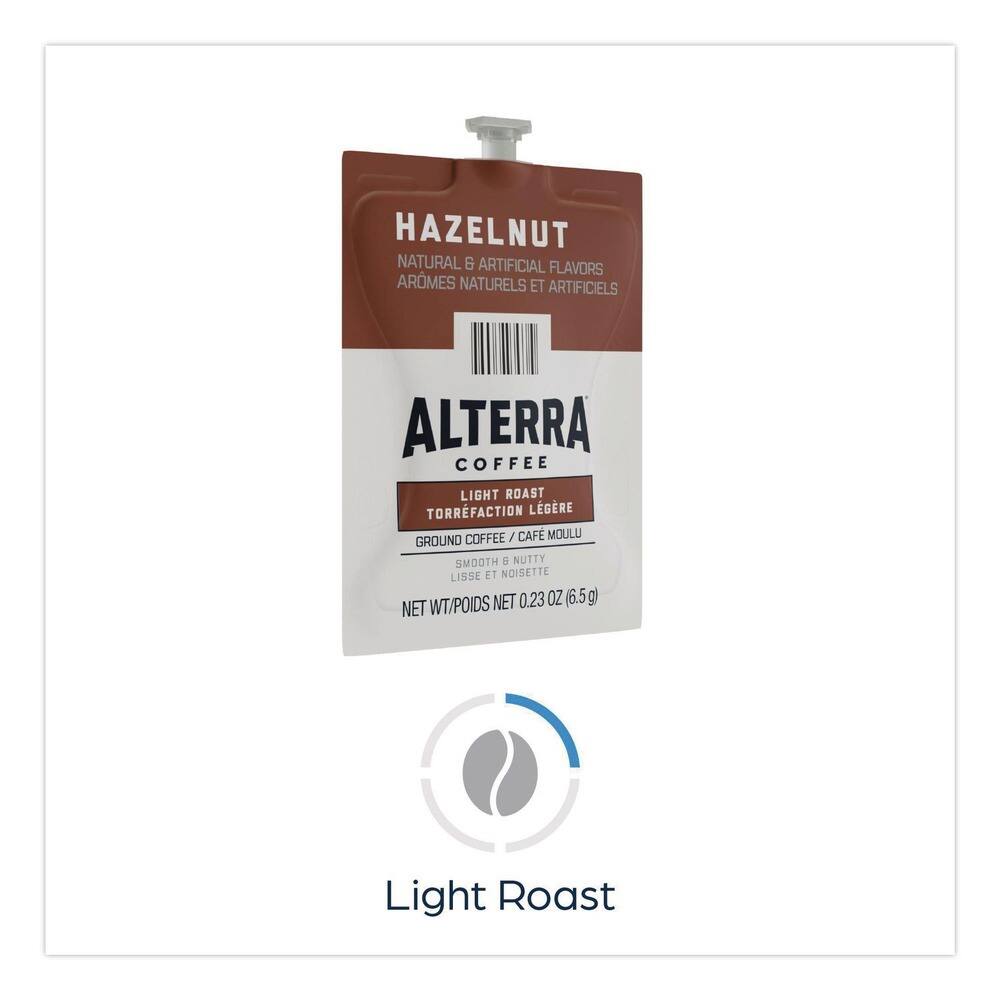 HAZELNUT  
NATURAL & ARTIFICIAL FLAVORS  
ARÔMES NATURELS ET ARTIFICIELS  

ALTERRA  
COFFEE  
LIGHT ROAST  
TORRÉFACTION LÉGÈRE  

GROUND COFFEE / CAFÉ MOULU  
SMOOTH & NUTTY  
LISSE ET NOISETTE  

NET WT/POIDS NET 0.23 OZ (6.5g)  

Light Roast
