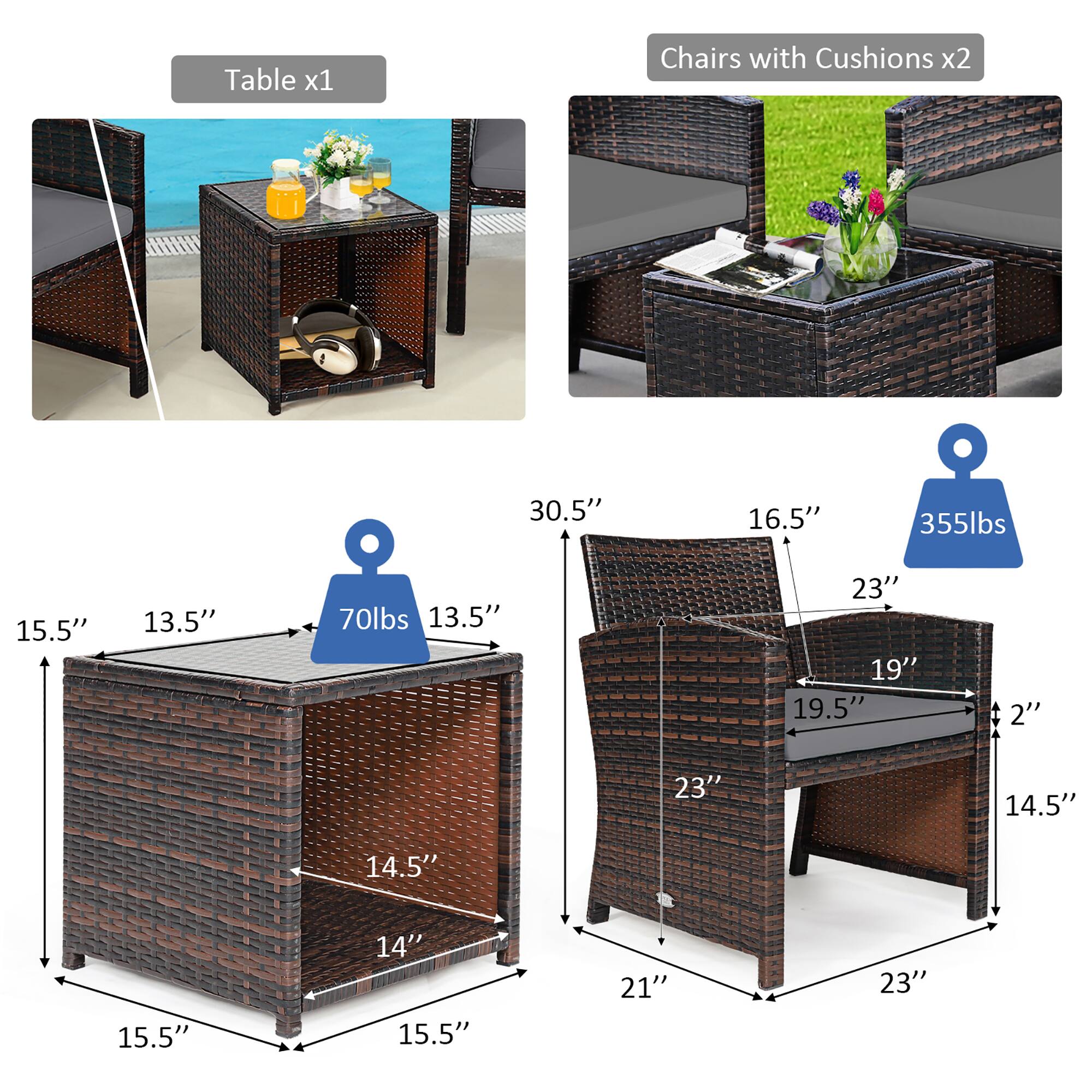 Table x1: 30.5" x 16.5" x 355lbs
Chairs with Cushions x2: 15.5" x 13.5" x 70lbs

The image shows a table and two chairs with cushions, each labeled with their dimensions and weight. The table is 30.5" in length and 16.5" in width, weighing 355lbs. The two chairs with cushions are 15.5" in width and 13.5" in depth, weighing 70lbs each.