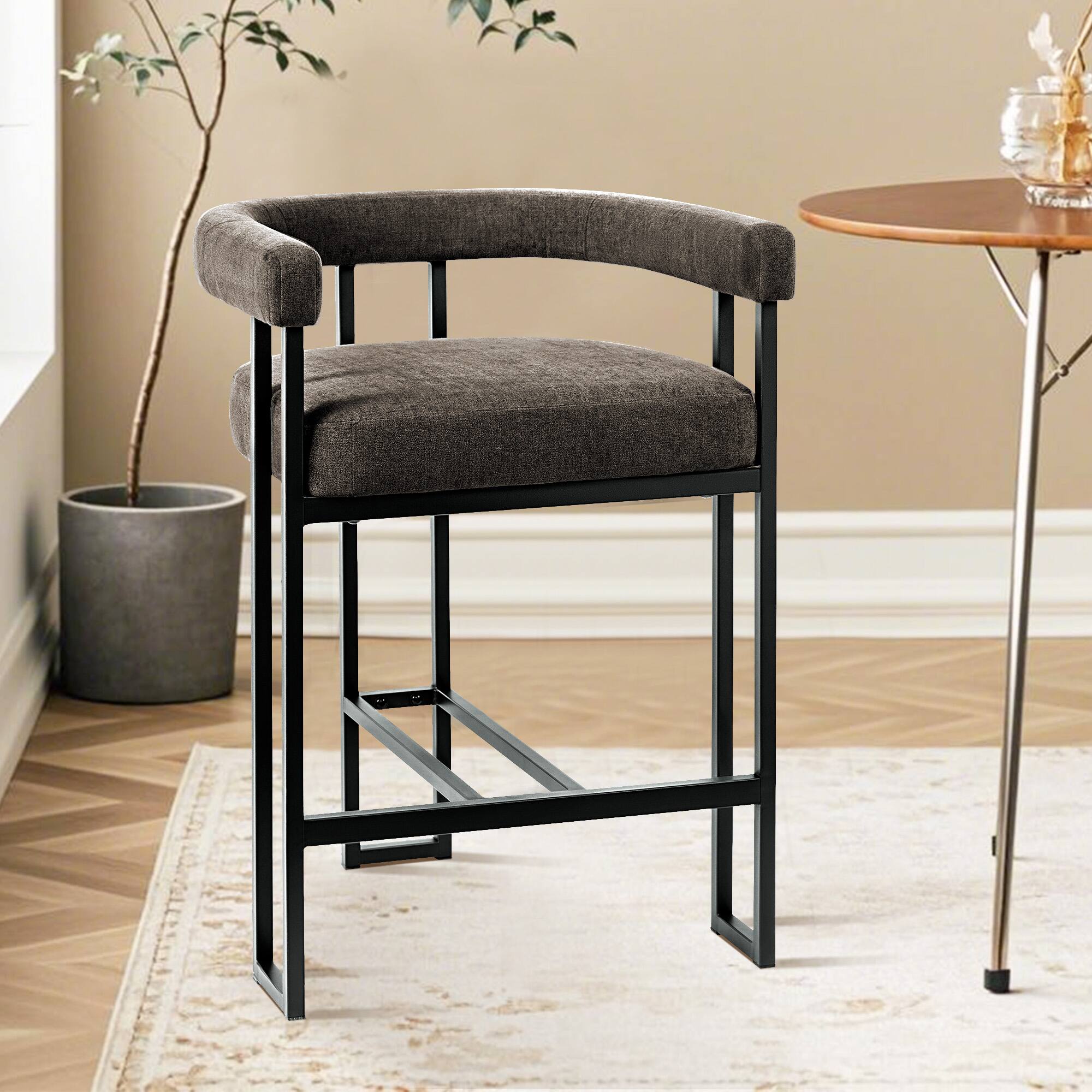 Alt View 1. KERDOM - 1pc Upholstered 26‘’ High Kitchen Chair Velvet Bar Stool, Padded Kitchen Island Stool with Arm for 30-40'' Countertop - Cement Grey.