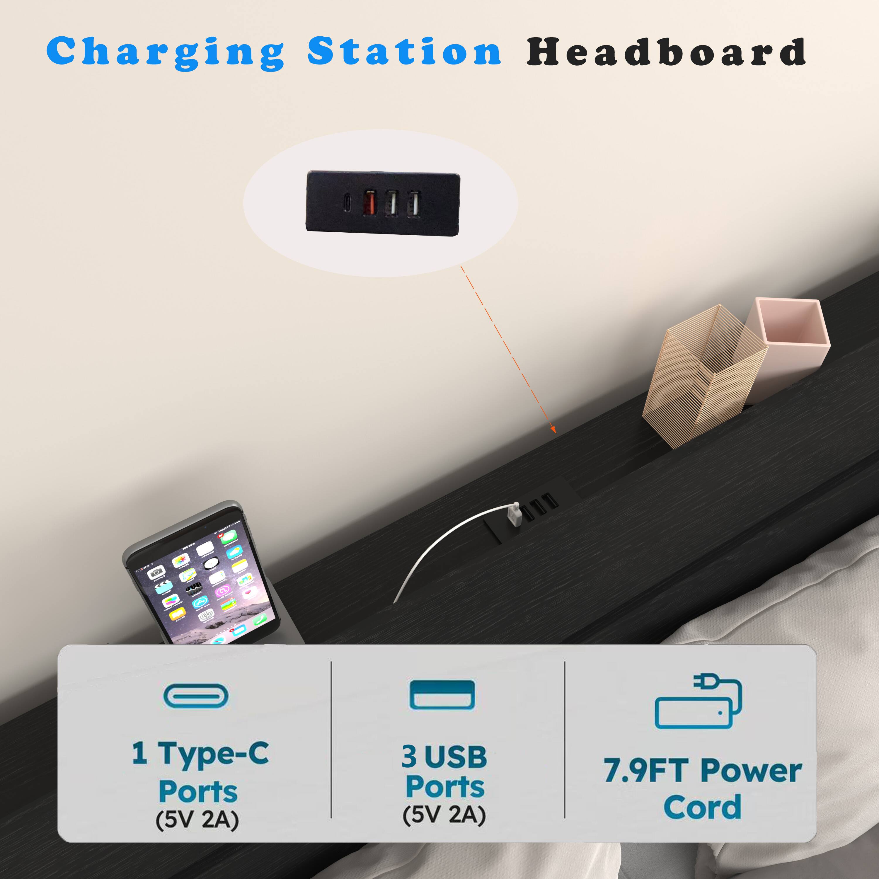 Charging Station Headboard

1 Type-C Port (5V 2A)

3 USB Ports (5V 2A)

7.9FT Power Cord