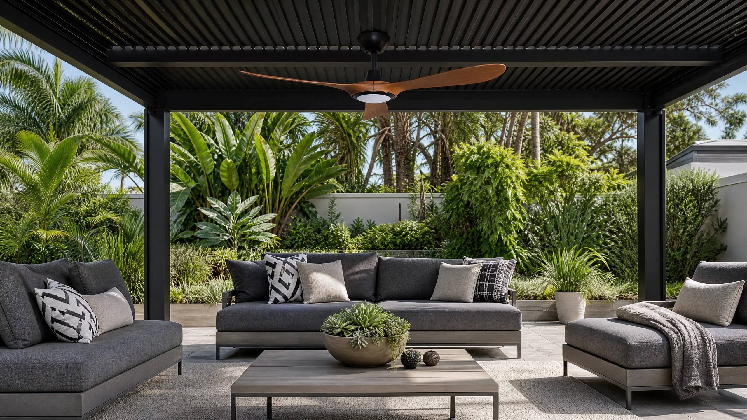 Alt View 1. ENLIGHT - 56" Smart Ceiling Fan, IP66 Outdoor & Coastal, CCT & Dimmable LED, Durable, Efficient & Quiet DC Motor, Matter, 3 Blades - Teak Woodgrain.