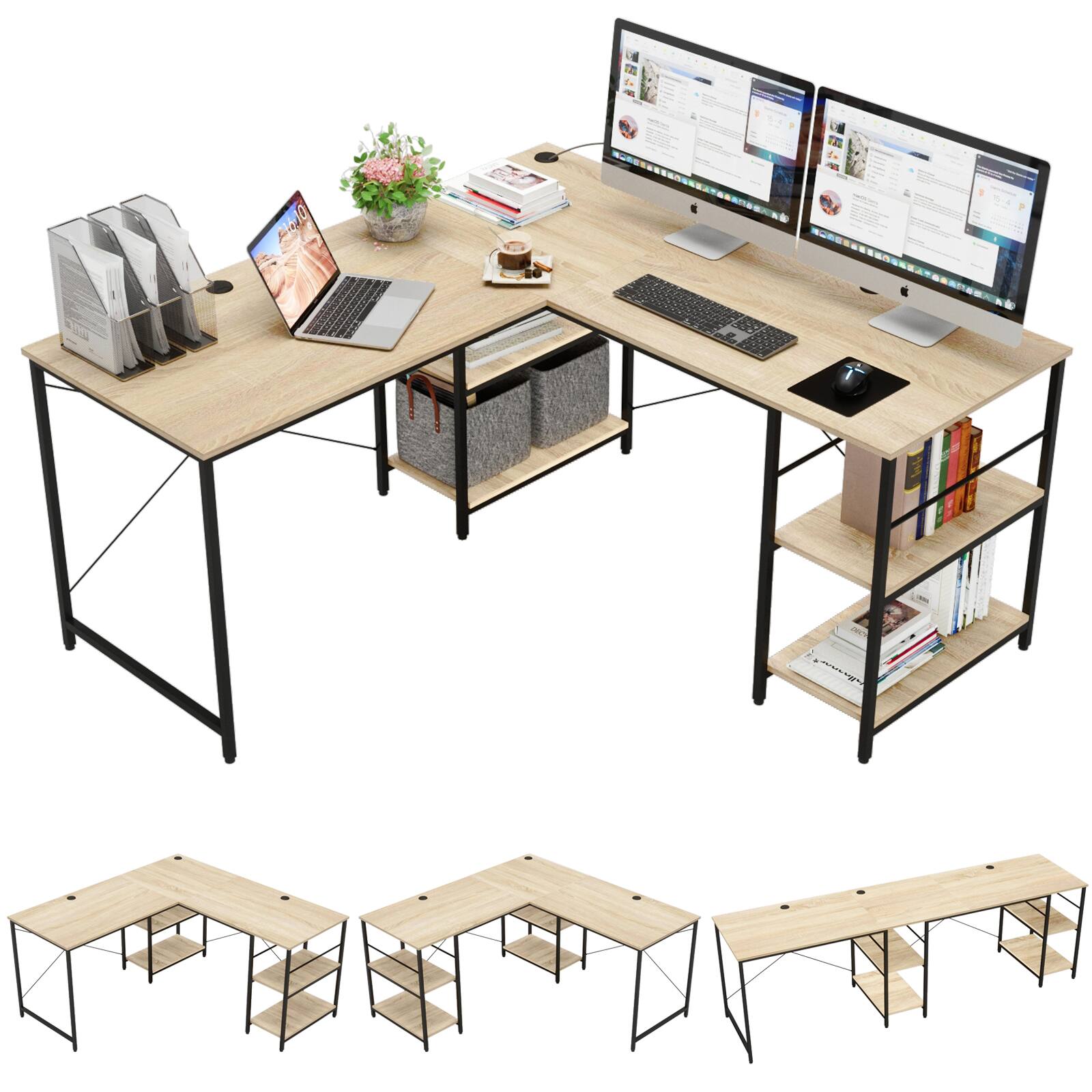 Left. Bestier - L-Shaped Desk with Shelves - 59" Wide - Light Oak.