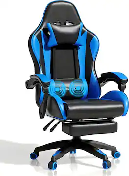 COQOOL - Gaming Chair with Footrest, Ergonomic Reclining Gamer Chair with Lumbar Support & Massage, Adjustable Headrest - Blue