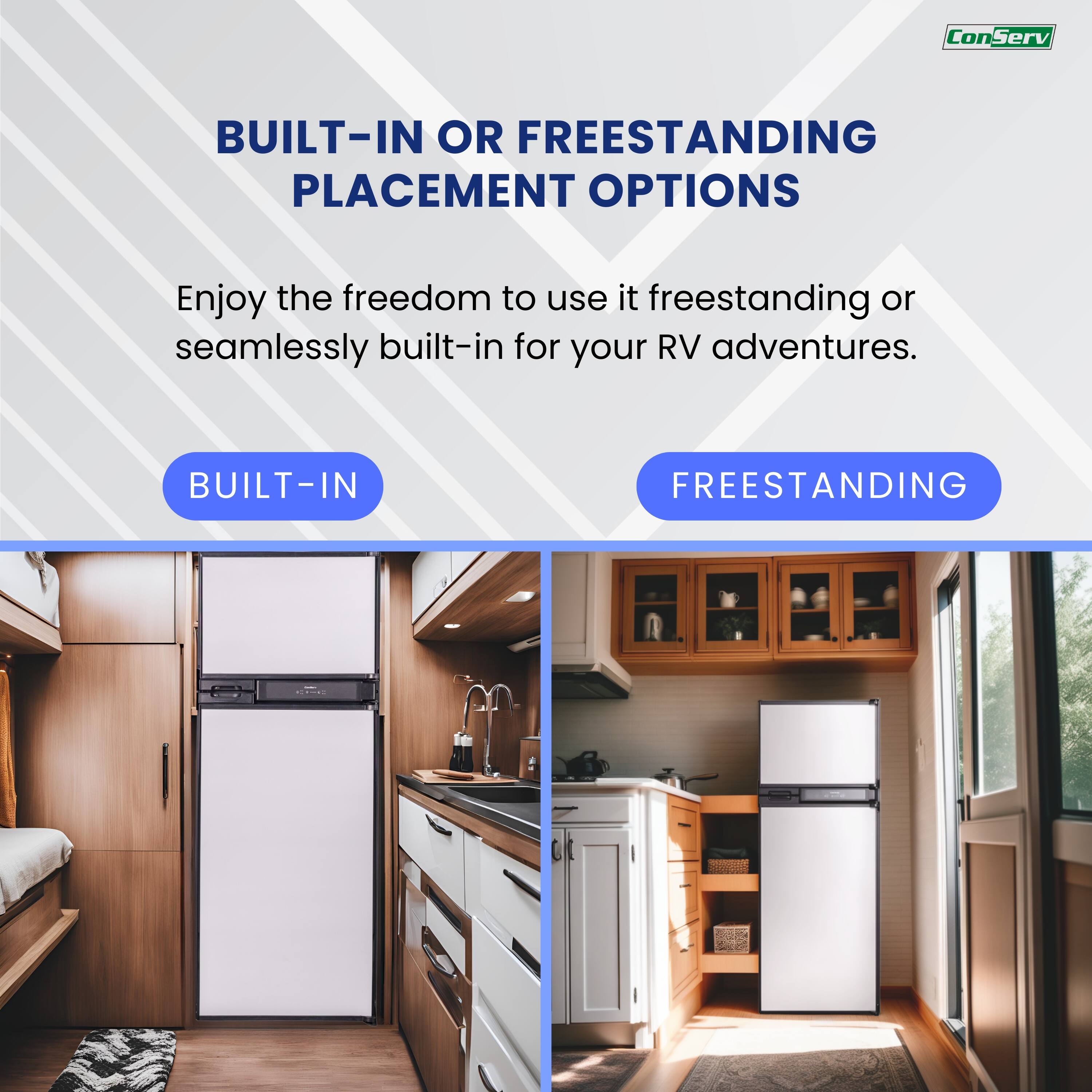 BUILT-IN OR FREESTANDING PLACEMENT OPTIONS

Enjoy the freedom to use it freestanding or seamlessly built-in for your RV adventures.

BUILT-IN

FREESTANDING