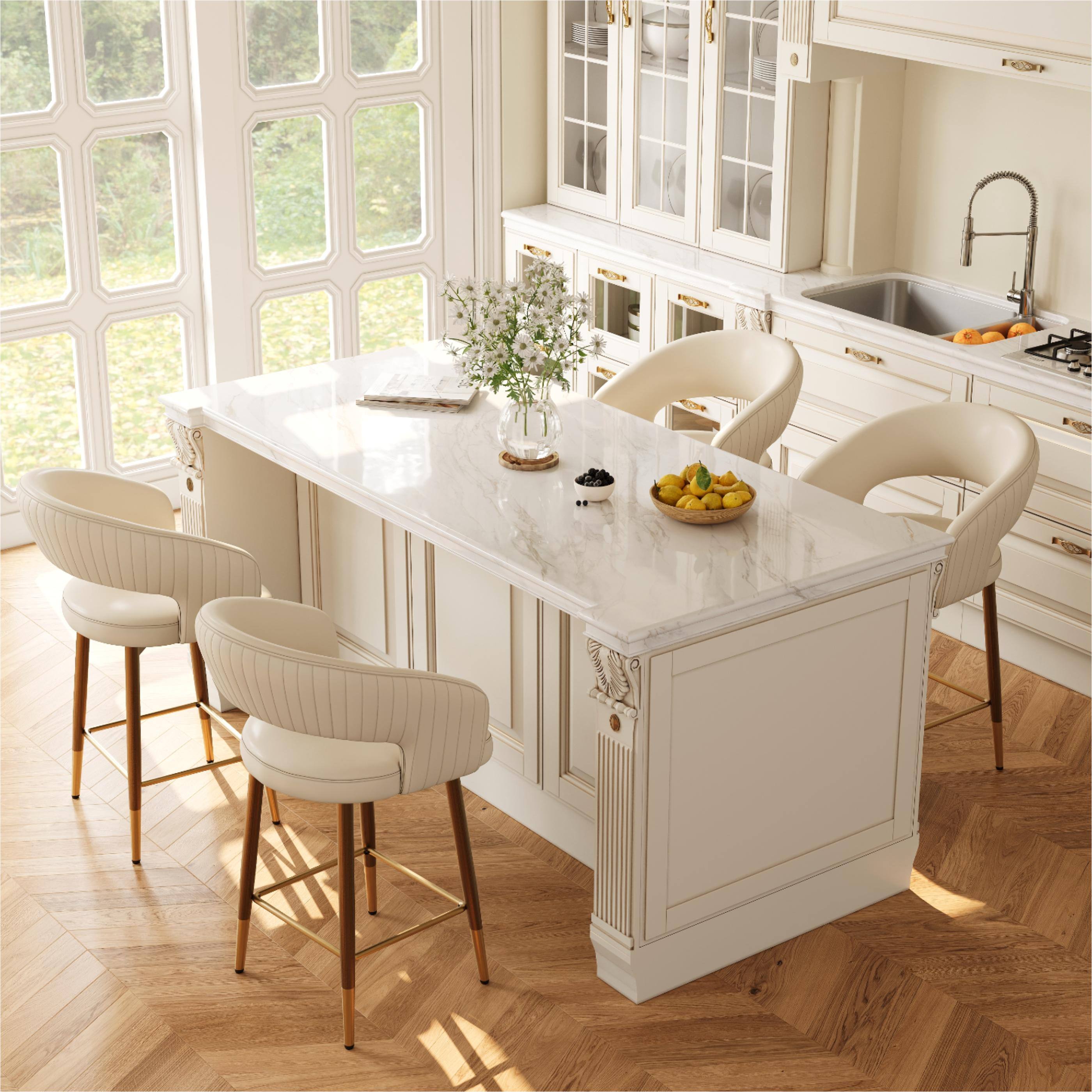 Angle. POVISON - 26" Modern Cutout Back Counter Height Bar Stools Set of 2, Faux Leather Bar Chairs with Arms, Beige & Bronze - Beige & Bronze.