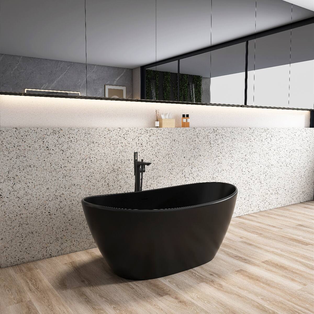 Angle. Loheer - Loheer 61 in Freestanding Solid Surface Soaking Bathtub, Matte Black Oval Tub with Center Drain - Black.