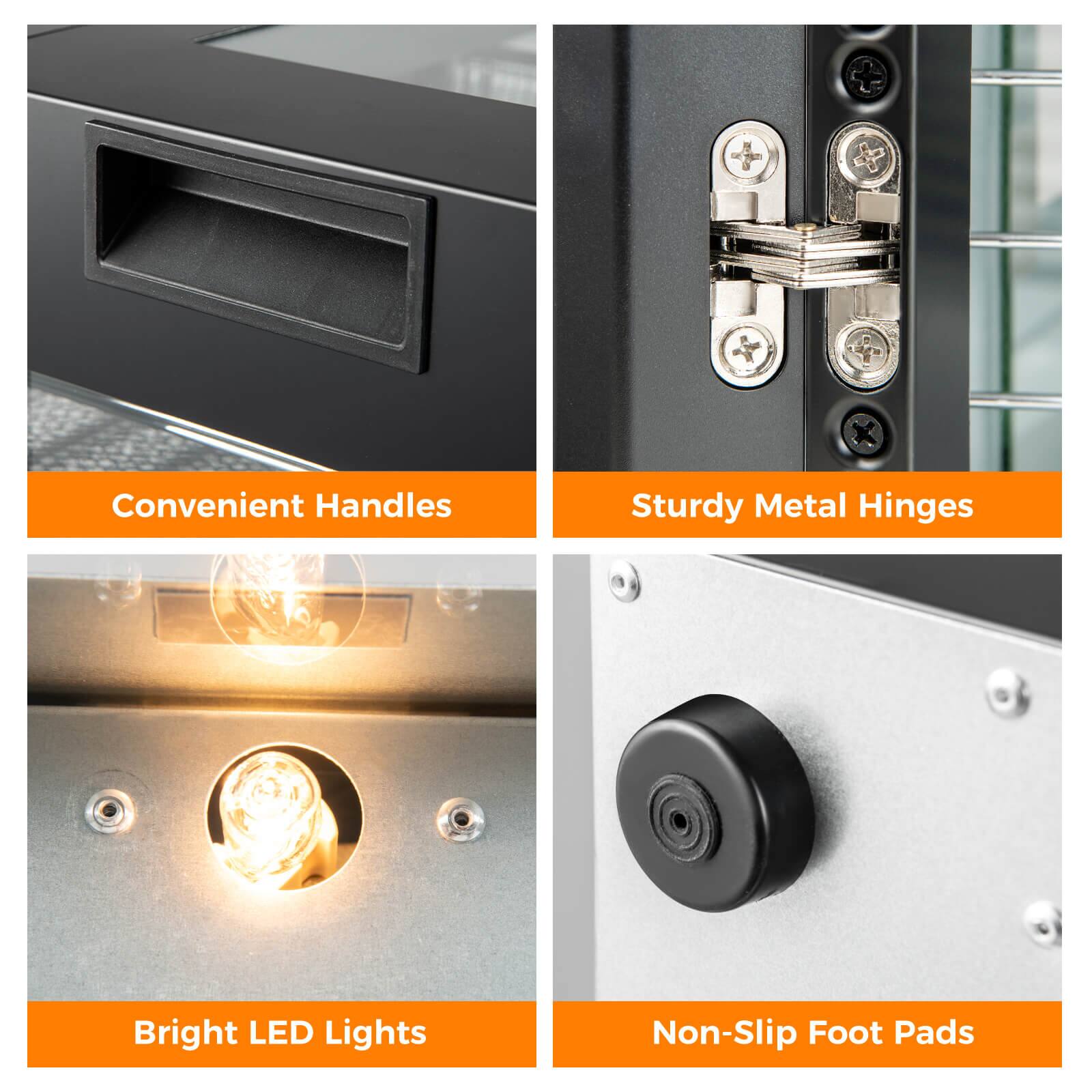 - Convenient Handles
- Sturdy Metal Hinges
- Bright LED Lights
- Non-Slip Foot Pads