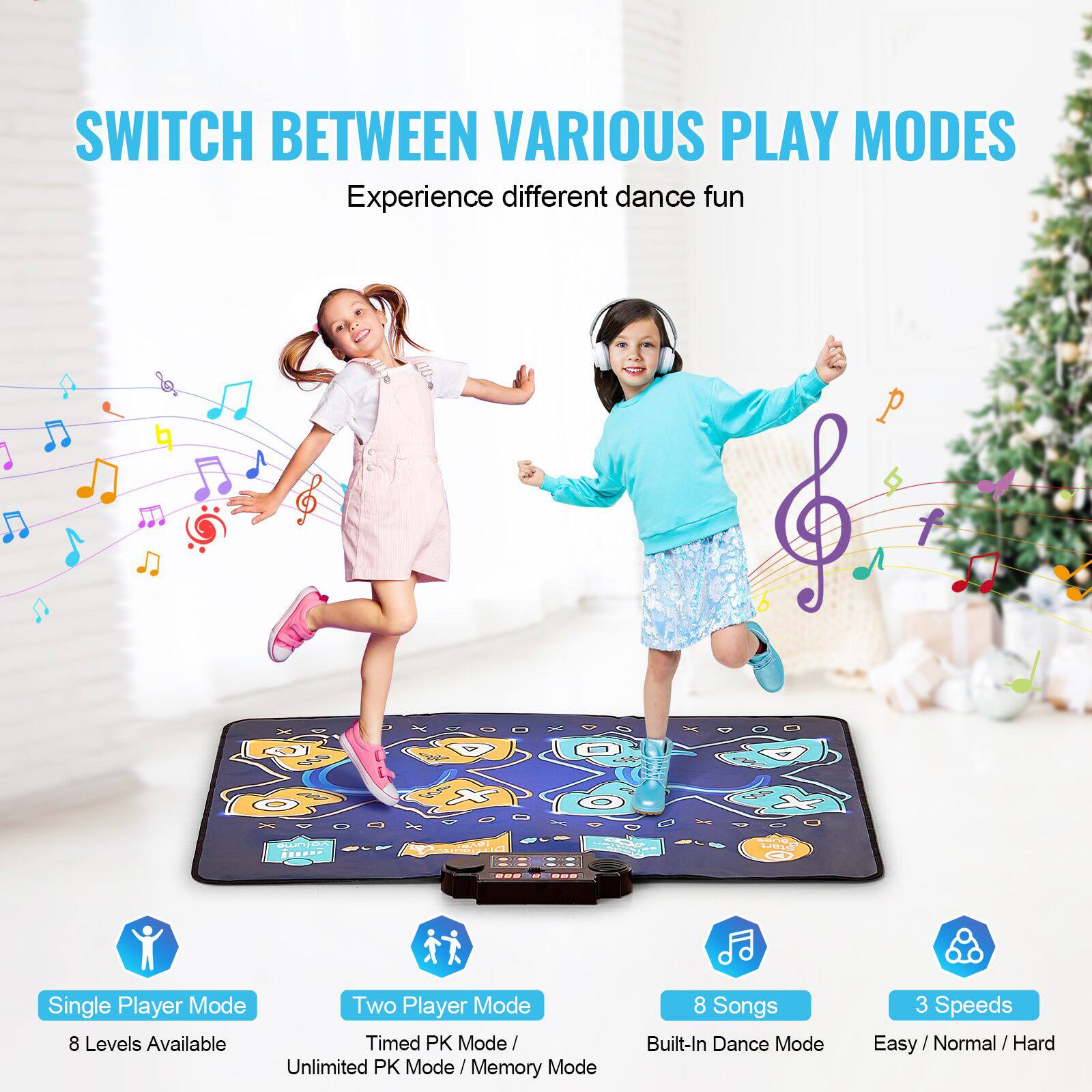 SWITCH BETWEEN VARIOUS PLAY MODES  
Experience different dance fun

- Single Player Mode  
  8 Levels Available

- Two Player Mode  
  Timed PK Mode / Unlimited PK Mode / Memory Mode

- 8 Songs

- 3 Speeds  
  Built-In Dance Mode  
  Easy / Normal / Hard