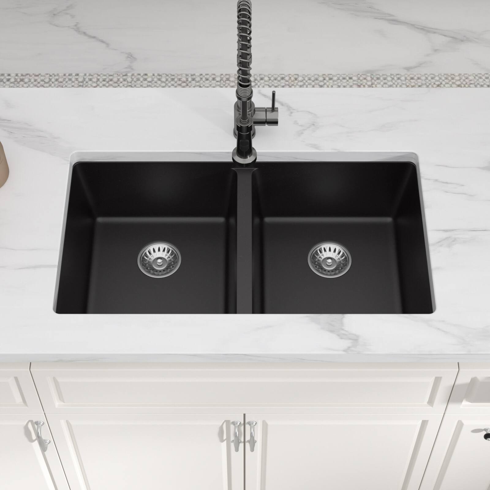 Back. Lordear - 33x19x10 Inch Black Granite Composite Undermount kitchen Sink 50/50 Double Bowl Quartz Kitchen Sink - Black.