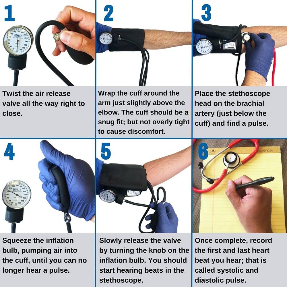 1. Twist the air release valve all the way right to close.

2. Wrap the cuff around the arm just slightly above the elbow. The cuff should be a snug fit; but not overly tight to cause discomfort.

3. Place the stethoscope head on the brachial artery (just below the cuff) and find a pulse.

4. Squeeze the inflation bulb, pumping air into the cuff, until you can no longer hear a pulse.

5. Slowly release the valve by turning the knob on the inflation bulb. You should start hearing beats in the stethoscope.

6. Once complete, record the first and last heart beat you hear; that is called systolic and diastolic pulse.