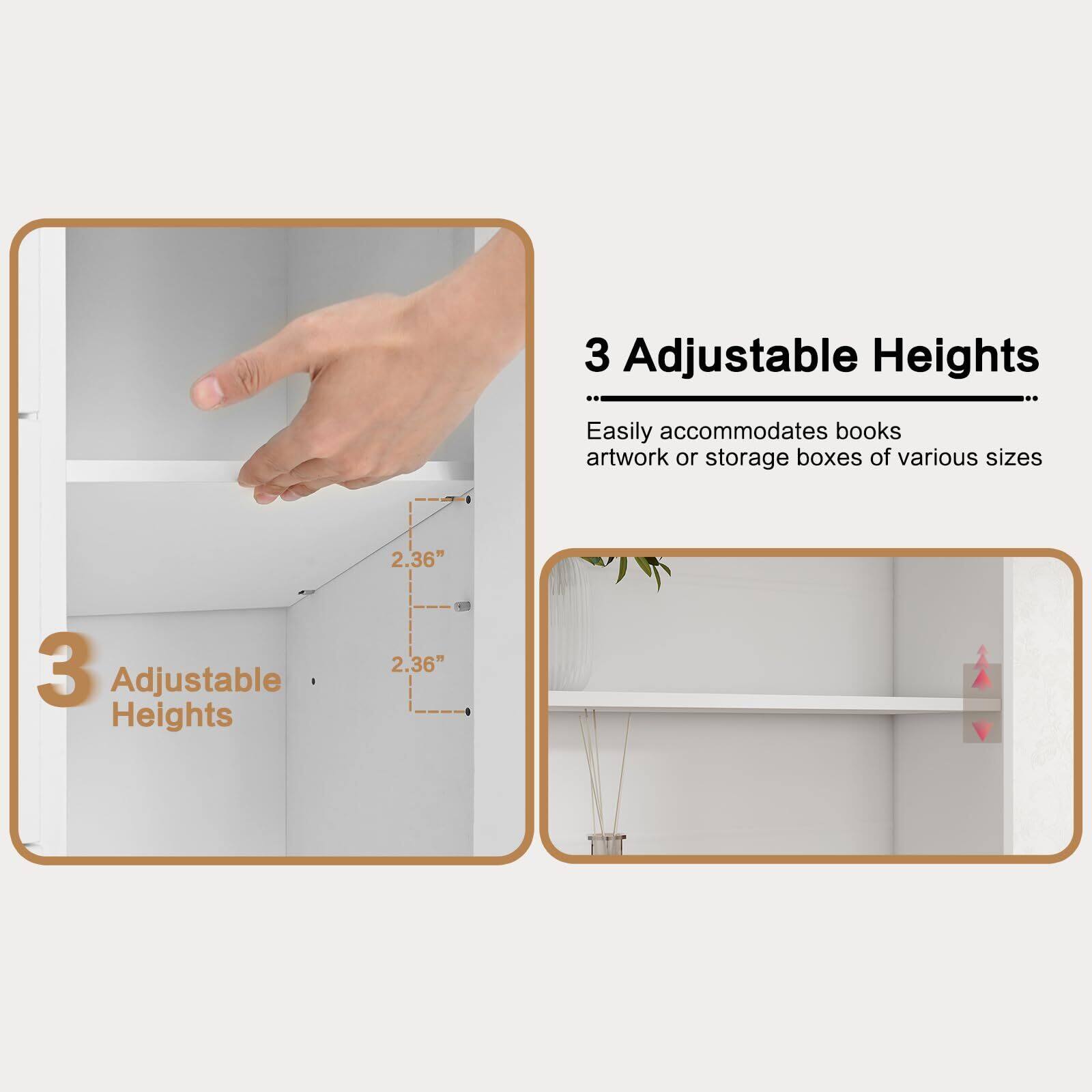 3 Adjustable Heights  
Easily accommodates books, artwork, or storage boxes of various sizes  
2.36"  
2.36"