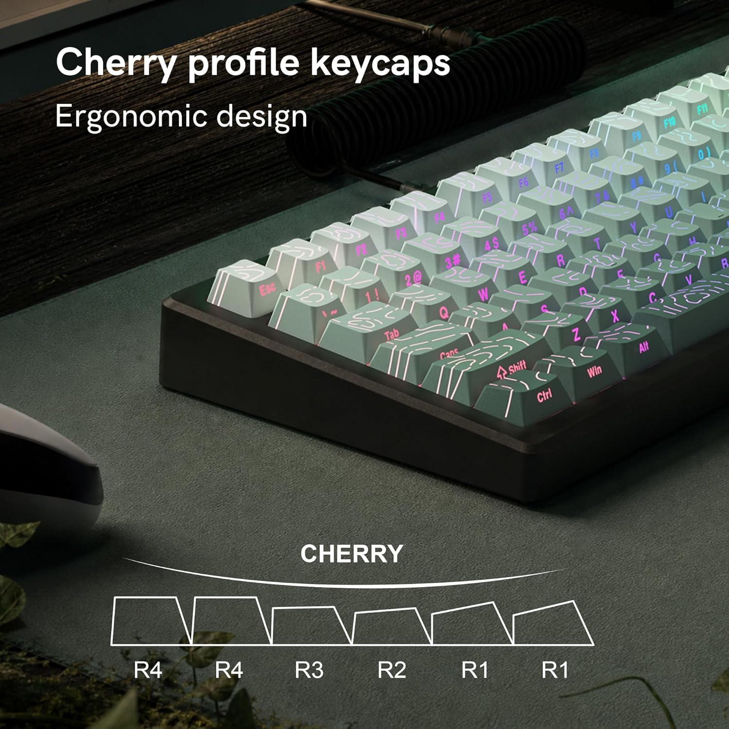 Cherry profile keycaps  
Ergonomic design  

F1 F FB 0.) F7 91 F6 . FS 74 I F4 6 U F3 5% Y 4$ T H F2 G F1 3# R 8  20 E E V Ese s 1! W Q C Q S < X 1, Tab A Z Cane Alt  Shift Win Ctrl  

CHERRY  
R4 R4 R3 R2 R1 R1