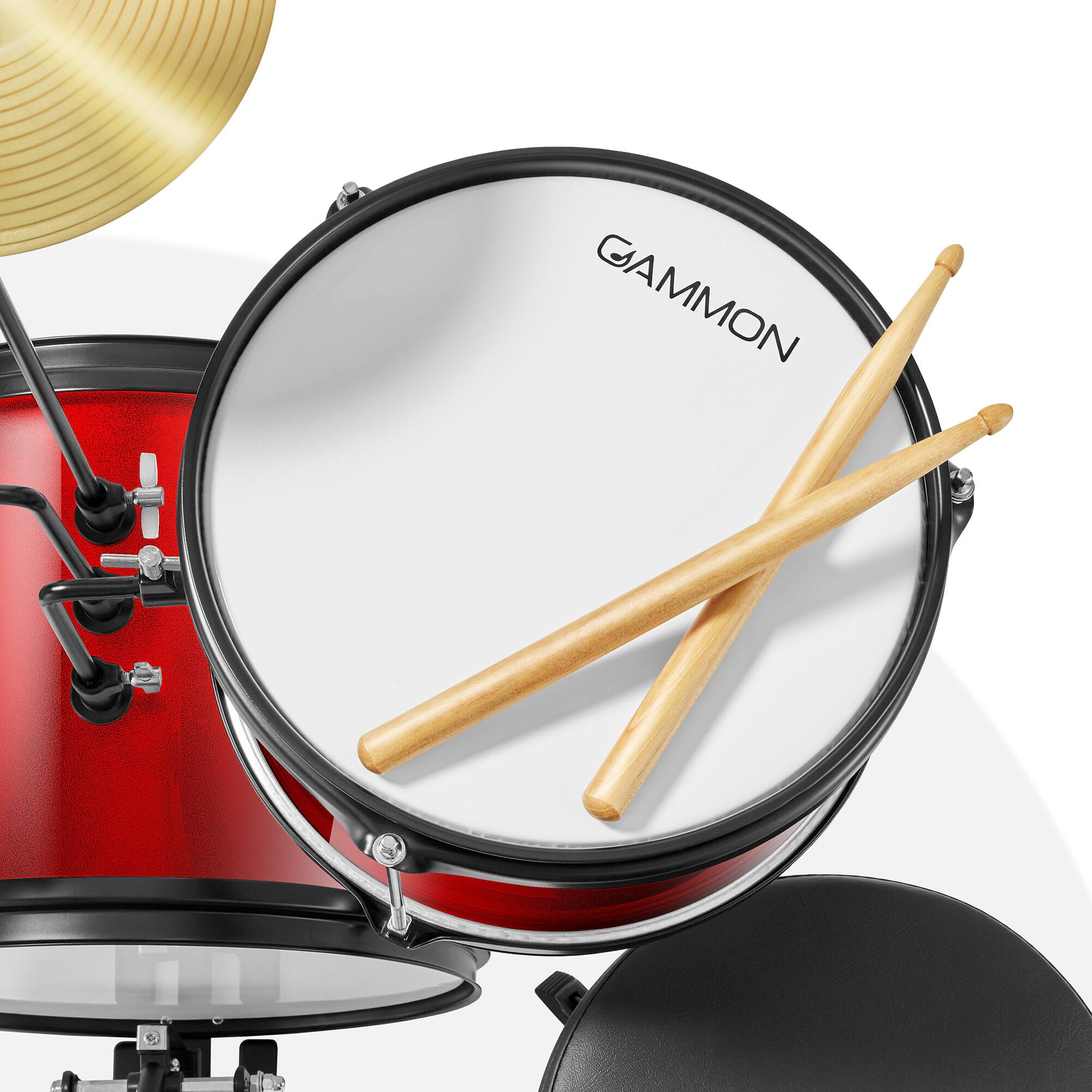Alt View 3. Gammon Percussion - 3pc Junior Drum Set - Beginner Kit with Throne - Cymbal - Drumsticks - Red.
