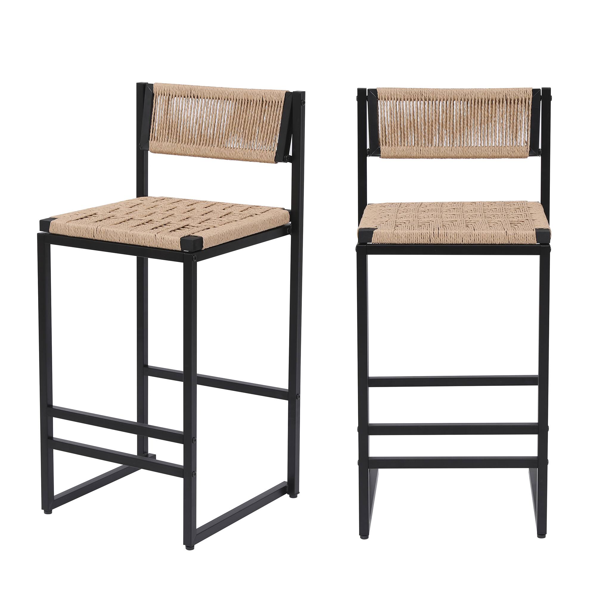 Left. GOODSILO - Set of 2 Woven Bar Stools - Hand Weave Counter Stool with Footrest for Kitchen Island, Dining Room - Honey.