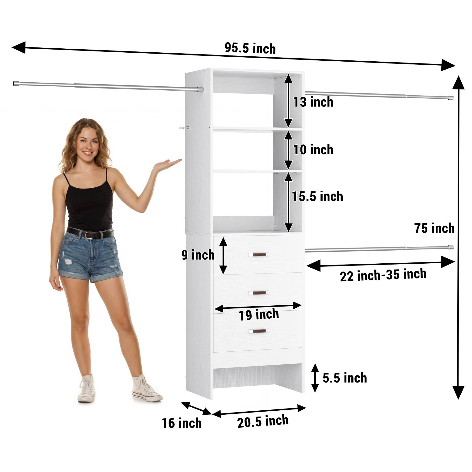 95.5 inch  
13 inch  
10 inch  
15.5 inch  
75 inch  
9 inch  
22 inch-35 inch  
19 inch  
5.5 inch  
16 inch  
20.5 inch