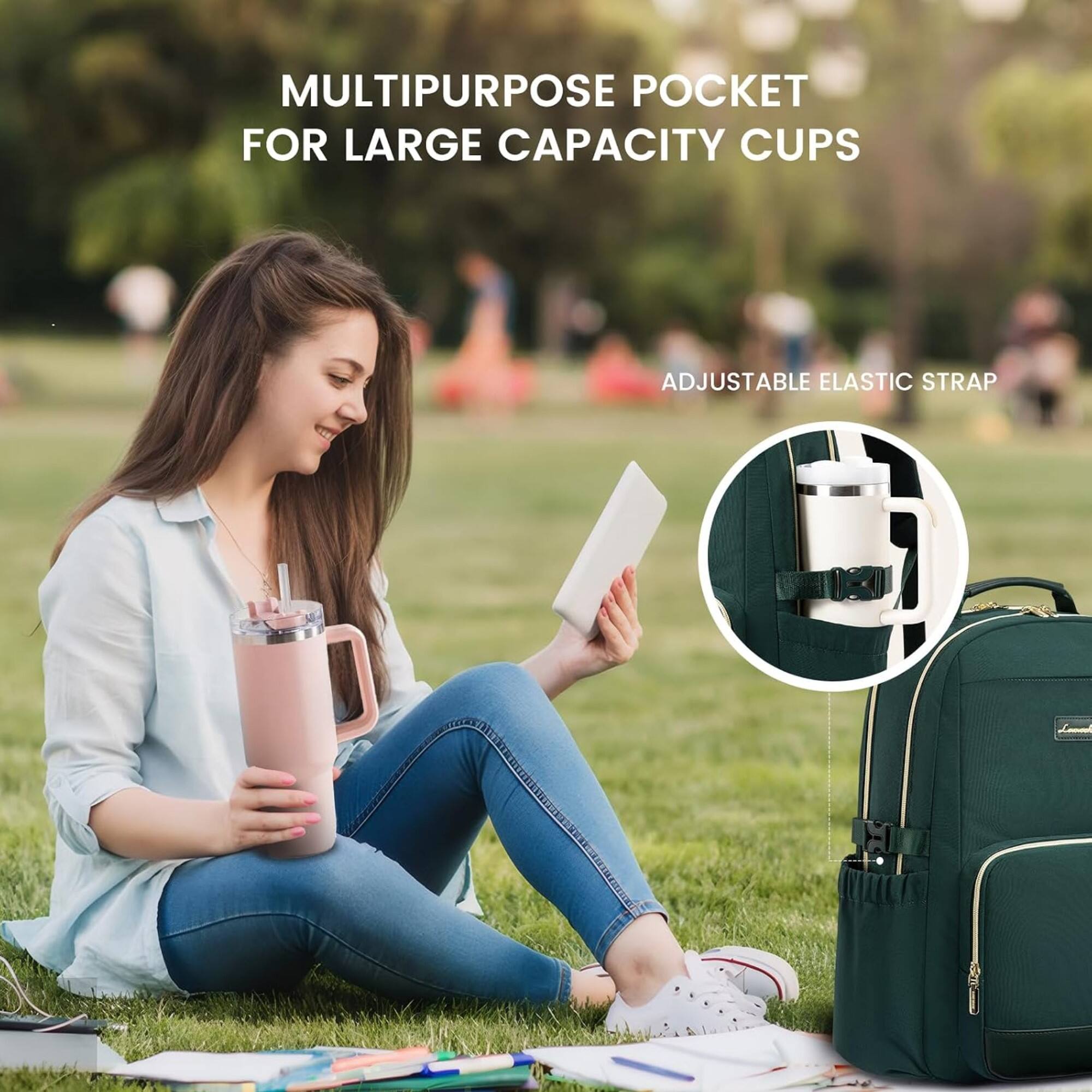 MULTIPURPOSE POCKET FOR LARGE CAPACITY CUPS  
ADJUSTABLE ELASTIC STRAP