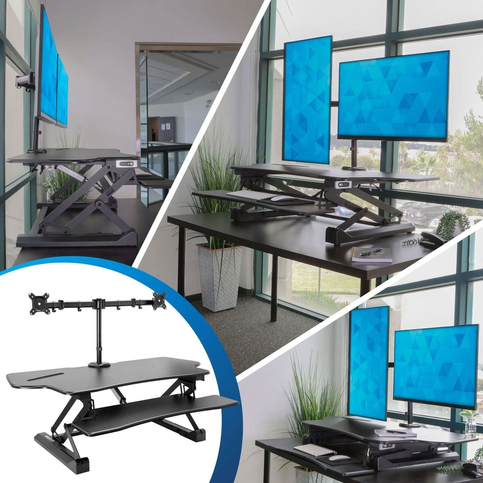 Angle. Mount-It! - Electric Sit-Stand Desk Converter with Dual Monitor Mount and Large Adjustable Height Workstation - Black.
