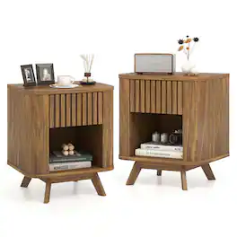 Costway - Wood Nightstand with Drawer & Open Shelf Storage Home Bedside Table for Bedroom - Walnut