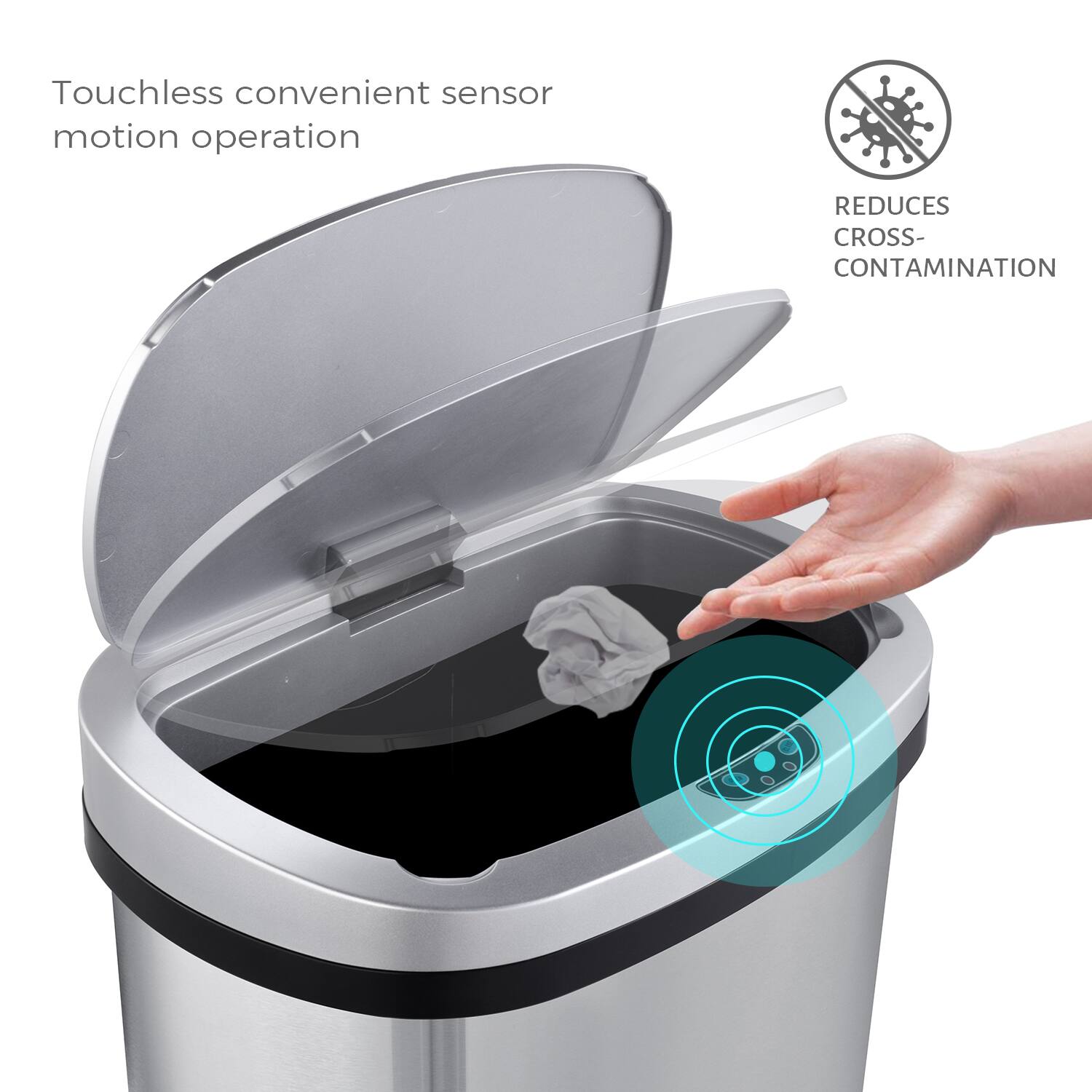 Touchless convenient sensor motion operation

REDUCES CROSS-CONTAMINATION