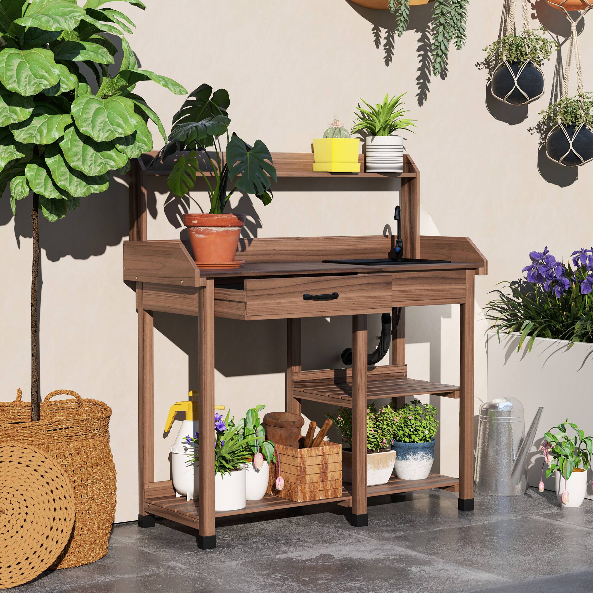 Alt View 1. Outsunny - Potting Bench Table, Outdoor Garden Table Wooden Work Station with Removable Sink, Faucet, Drawer, Shelves, Hooks - Coffee.