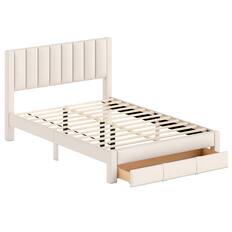 Front. Gymax - Gymax Queen Size Bed Frame w/Storage Drawer & Vertical Channel Headboard Beige - Beige.