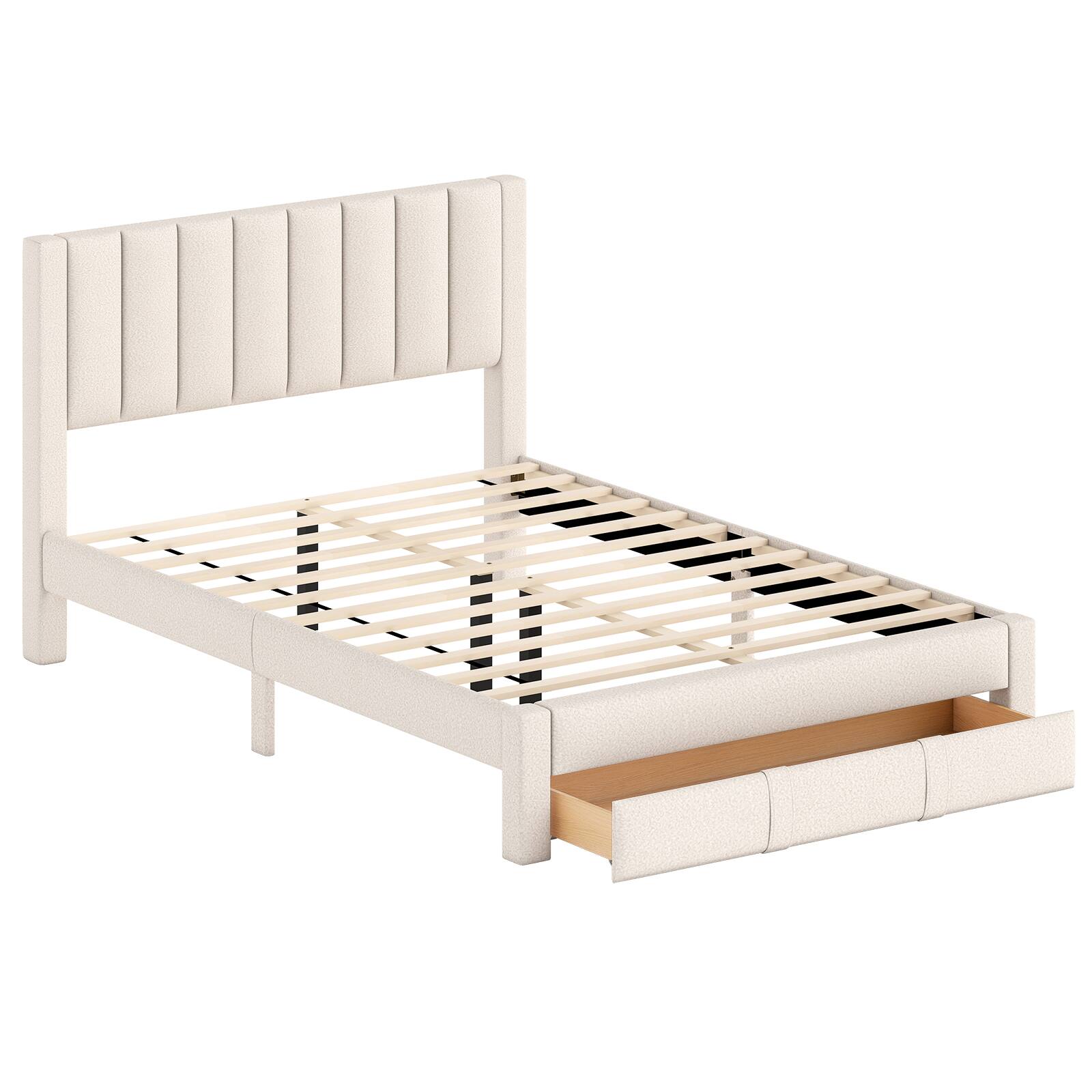 Gymax - Queen Size Bed Frame w/Storage Drawer & Vertical Channel Headboard - Beige
