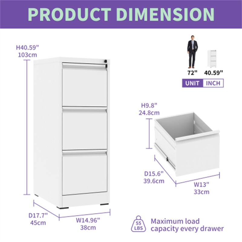 PRODUCT DIMENSION

- H40.59" (103cm)
- W14.96" (38cm)
- D17.7" (45cm)

UNIT: INCH

- H9.8" (24.8cm)
- W13" (33cm)
- D15.6" (39.6cm)

Maximum load capacity every drawer: 55 LBS