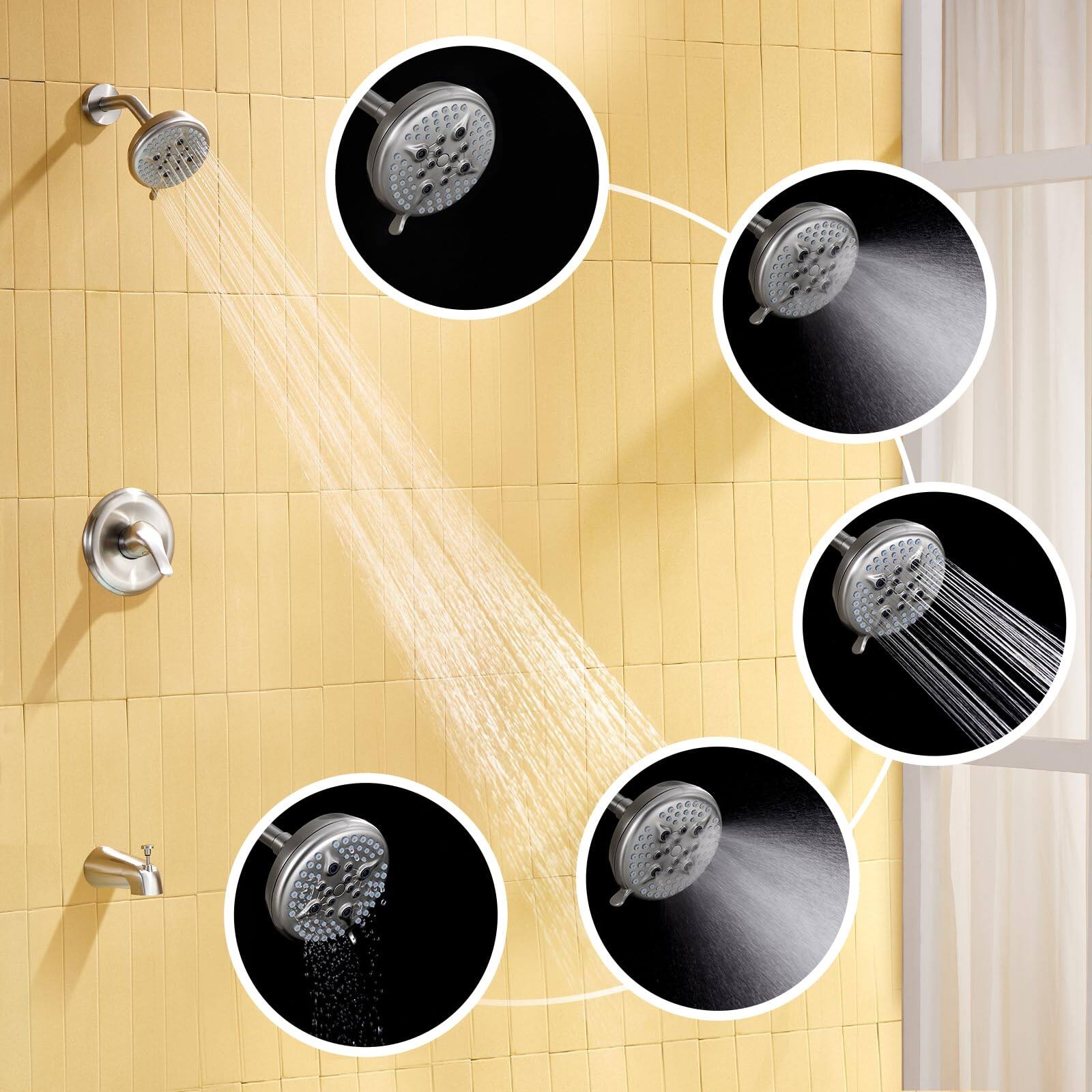 Alt View 3. Paradigms Interiors - Tub Shower Faucet Set 5 inch Rain Head And Spout Single handle With Valve Kit Included Trim Brushed Nickel - Chrome-with tub spout.