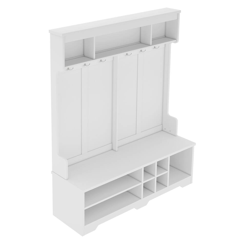 Back. Loheer - Loheer Modern White Hall Tree, Entryway Coat Rack with Shoe Cubbies, Metal Hooks, 59.1 Inch Wide - White.