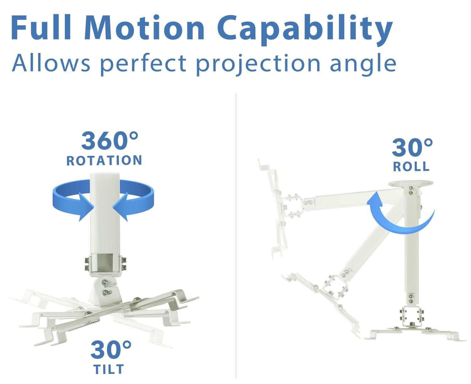 Full Motion Capability  
Allows perfect projection angle  

360° ROTATION  
30° ROLL  
30° TILT